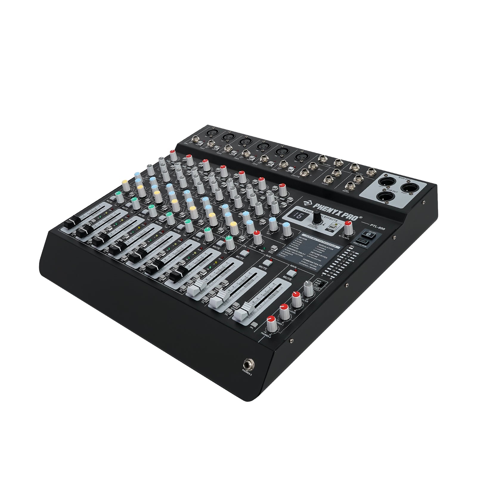 Phenyx Pro PTL-800 - Black - Professional 8-Channel Audio Mixer - Front Left Angle