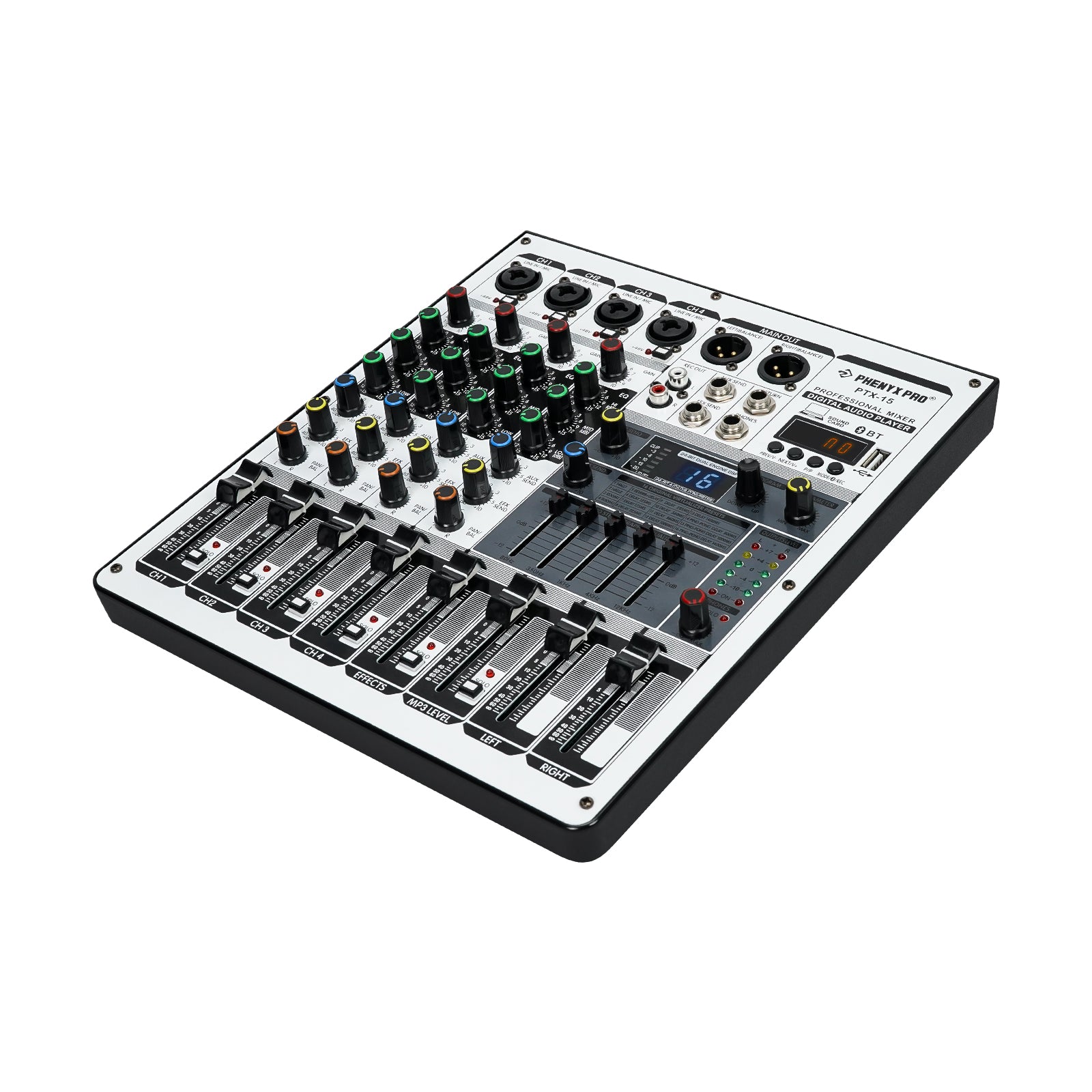 Phenyx Pro PTX-15 - Black - Professional 8-Channel Audio Mixer - Front Left Angle