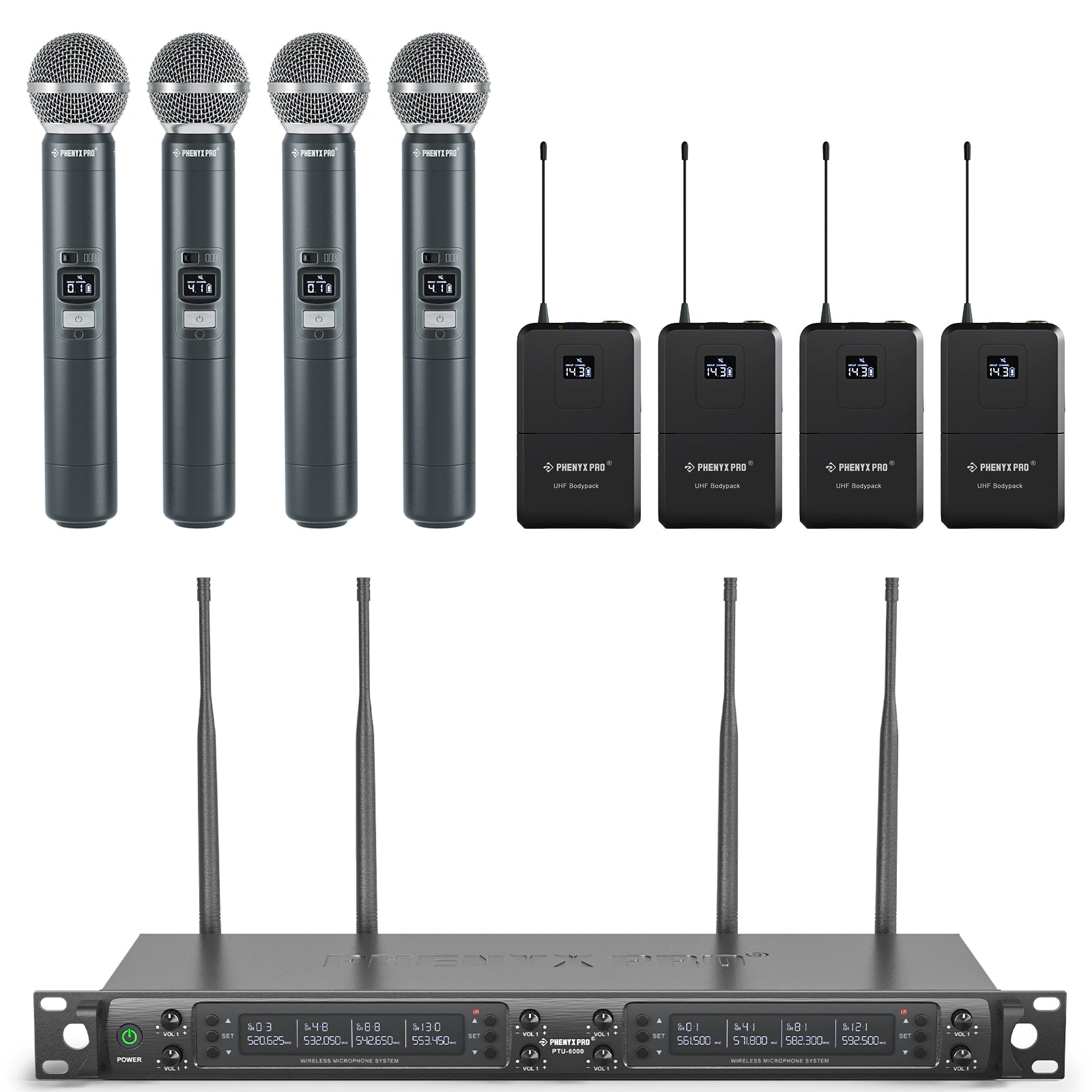 PTU-6000-4H4B | Eight-channel UHF Wireless Microphone System w/ Auto-Scan