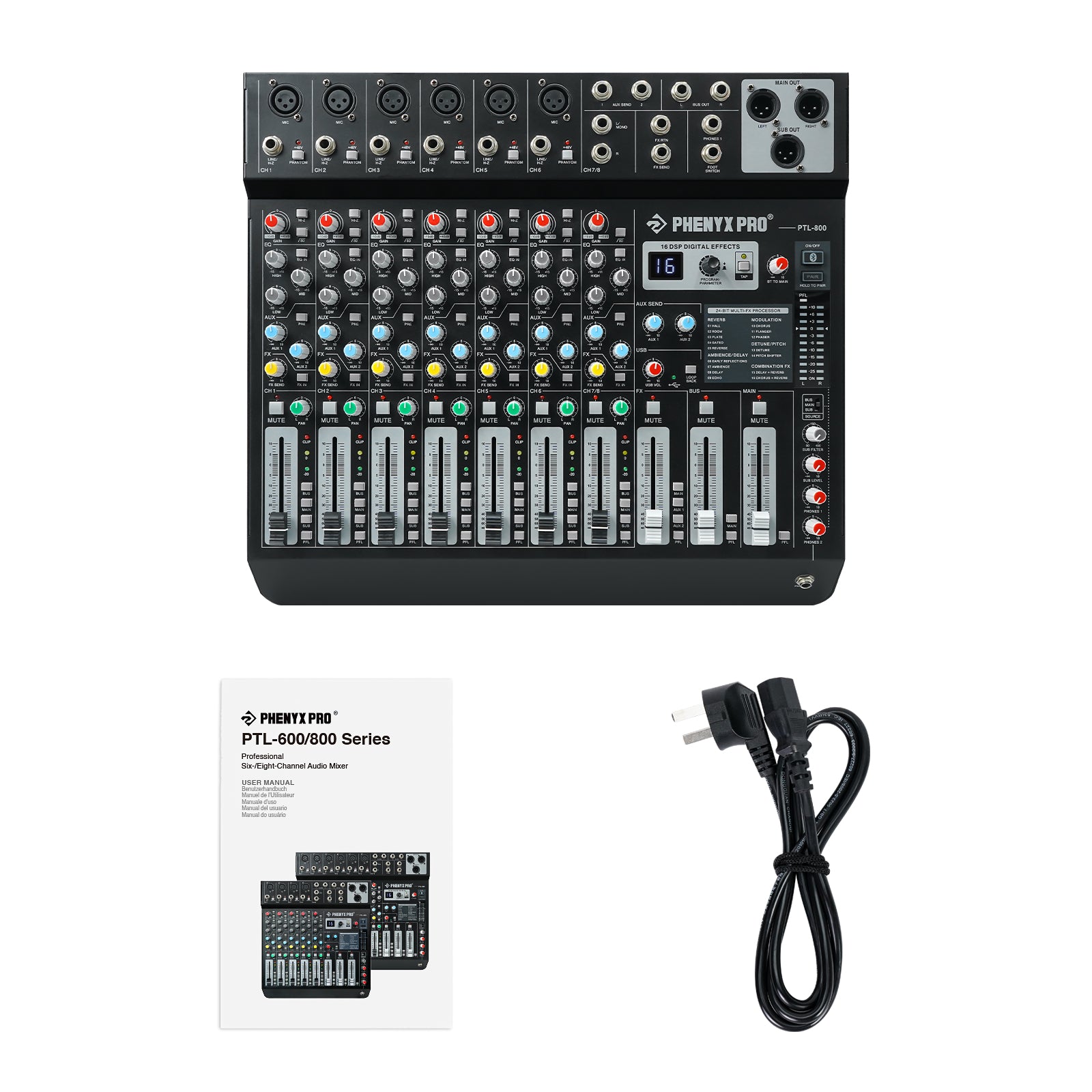 Phenyx Pro PTL-800 - Black - Professional 8-Channel Audio Mixer - Flat Lay View of Complete Set