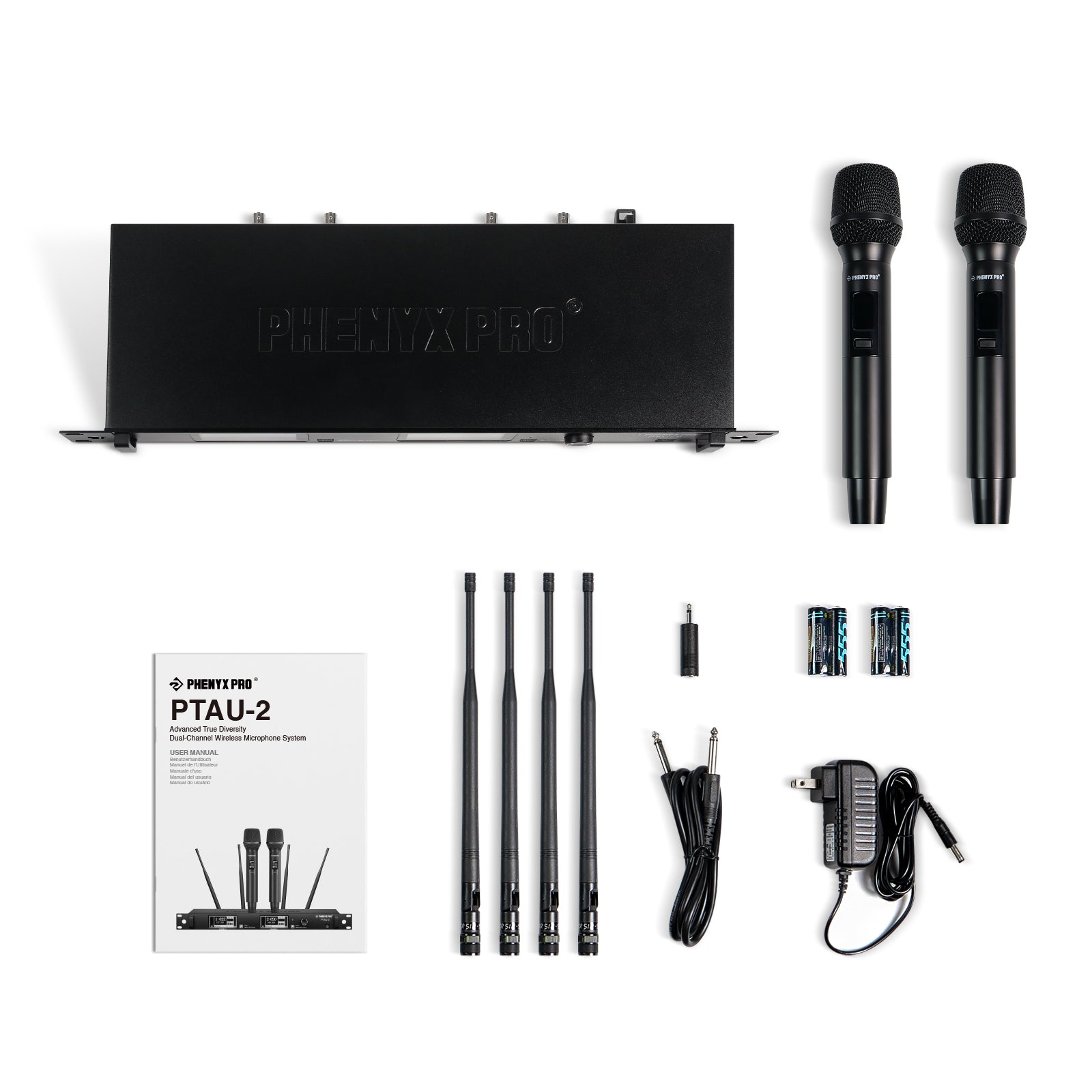 Phenyx Pro PTAU-2 - Black - Professional Dual-Channel Wireless Microphone System - Flat Lay View of Complete Set