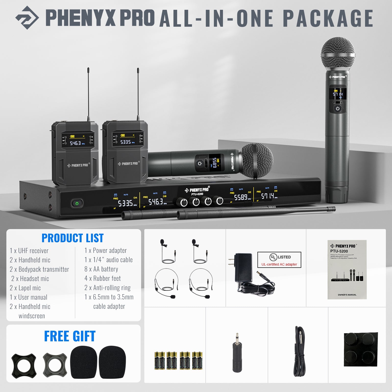 PTU-5200-2H2B | Quad Wireless Microphone System w/ Frequency Hopping