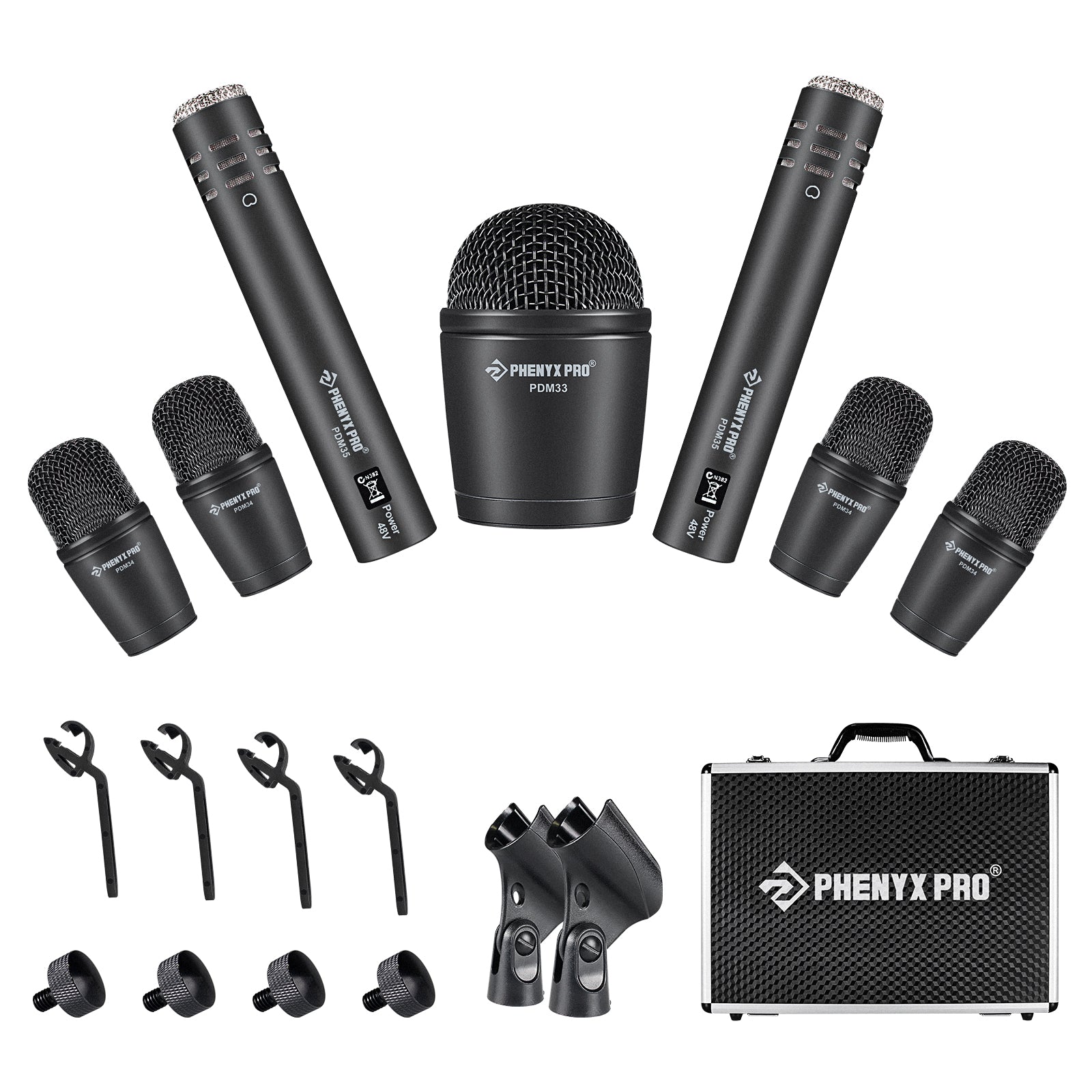 Phenyx Pro PTD-10 - Black - 7-Piece Drum Microphone Kit - Front View