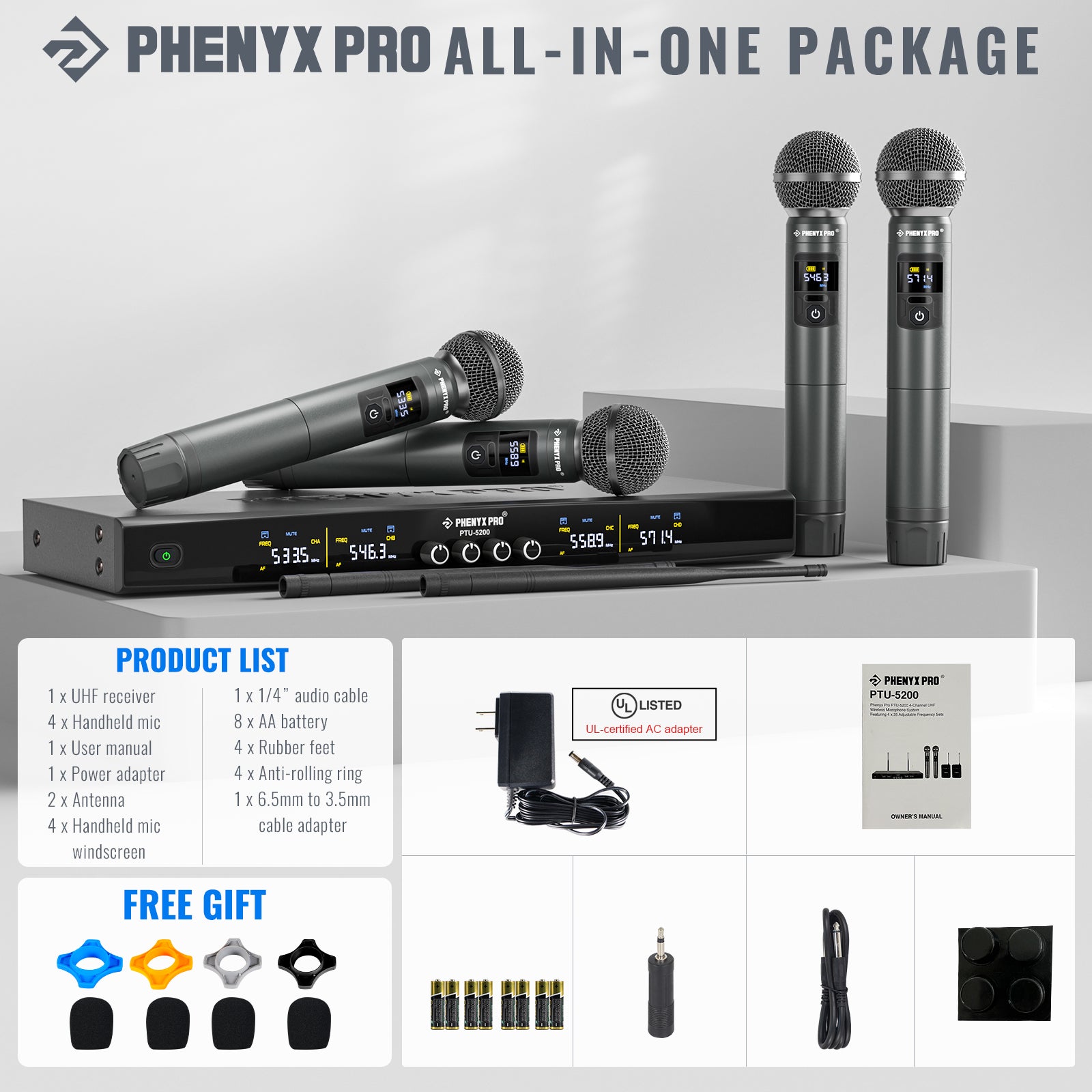 PTU-5200 | Quad Wireless Microphone System w/ Frequency Hopping (4H/2H2B)