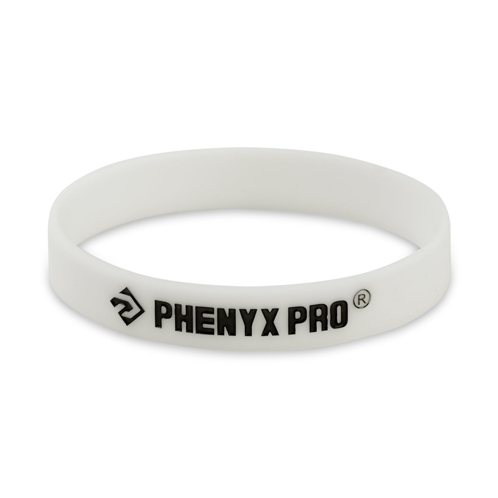 Logo Silicone Wristband – White – Angled Top View – Phenyx Pro