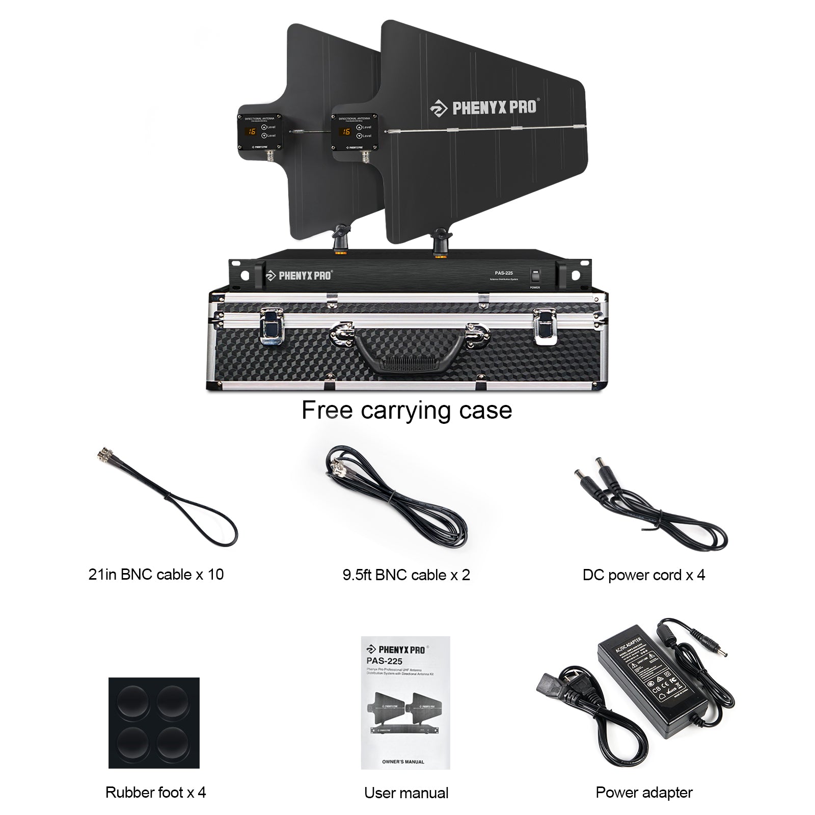 PAS-225X - Black - UHF Wireless Antenna Distribution System Bundle - Flat Lay View of Complete Set - Phenyx Pro