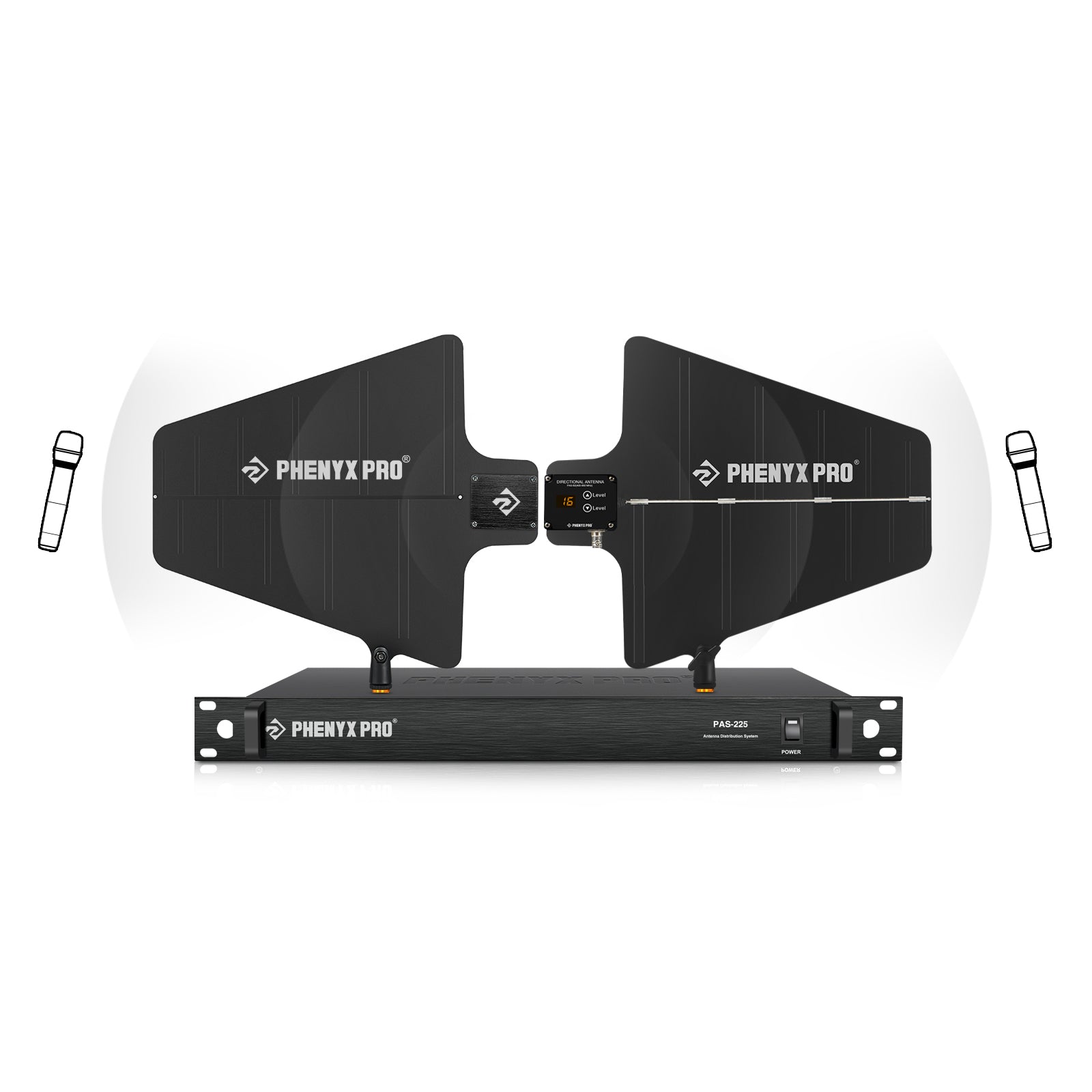 PAS-225X - Black - UHF Wireless Antenna Distribution System Bundle for Wireless Microphones, designed to enhance signal reception and distribution - Front - Phenyx Pro