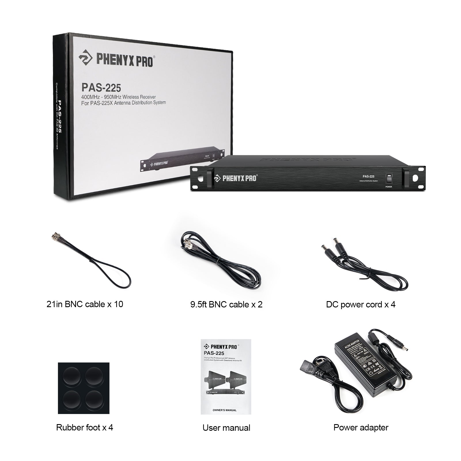 PAS-225 - Black - UHF Wireless Receiver - Flat Lay View of Complete Set - Phenyx Pro