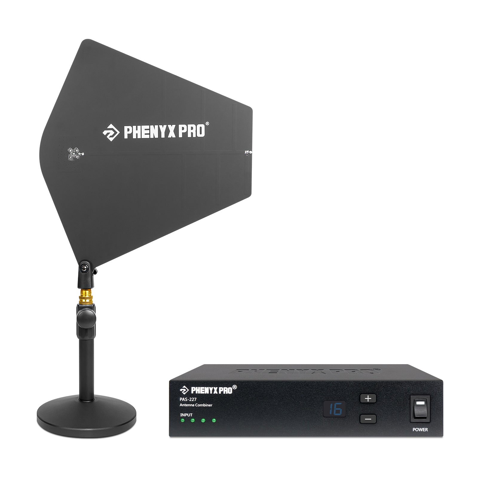 PAS-227X - Black - UHF 4-Way Wireless Antenna Combiner Bundle - Front - Phenyx Pro 