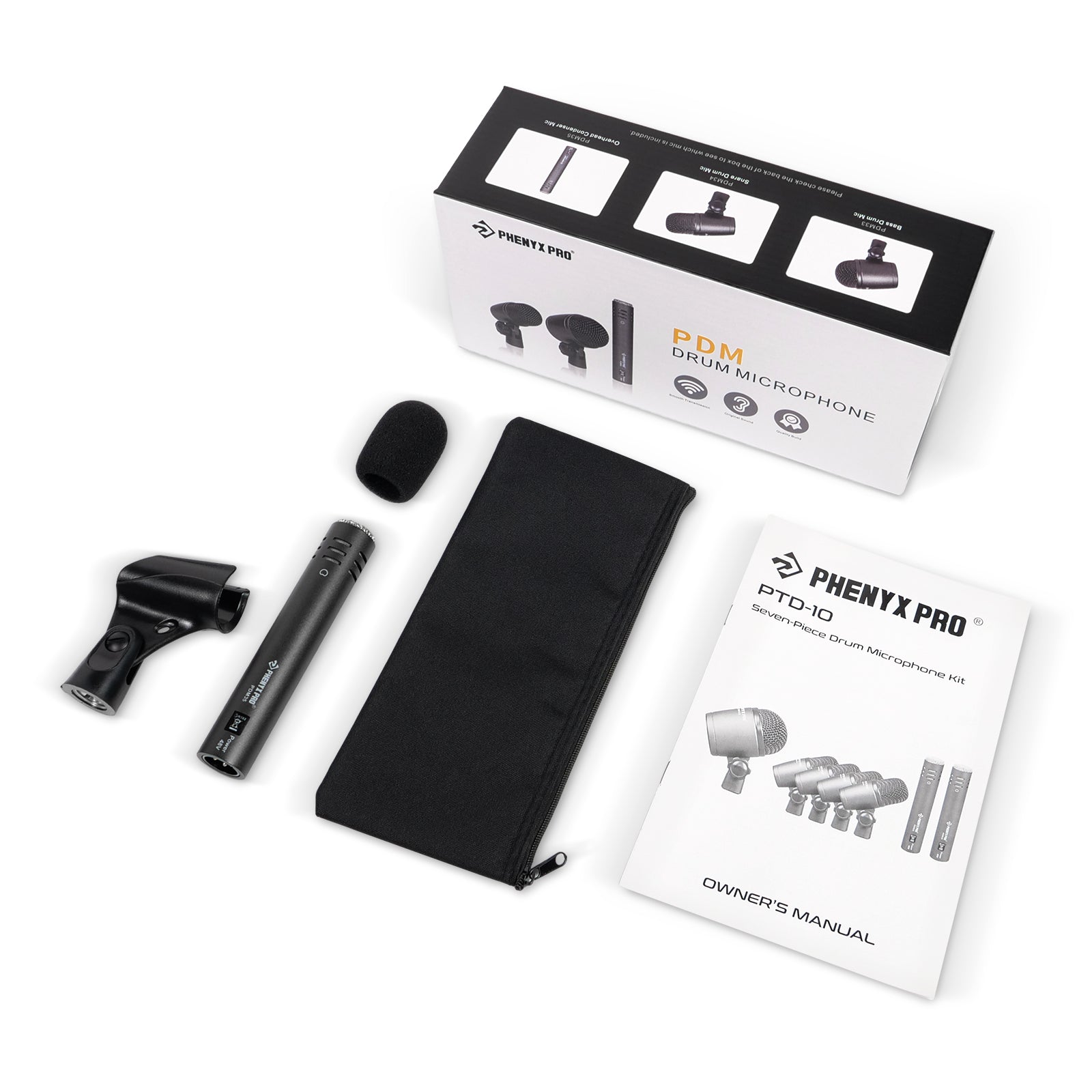 PDM35 - Black - Overhead Condenser Microphone - Flat Lay View of Complete Set - Phenyx Pro
