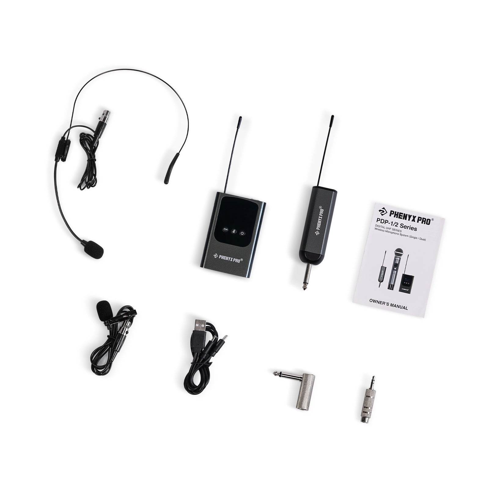 PDP-1-1B - Black - Single Digital Wireless Microphone System - Flat Lay View of Complete Set - Phenyx Pro
