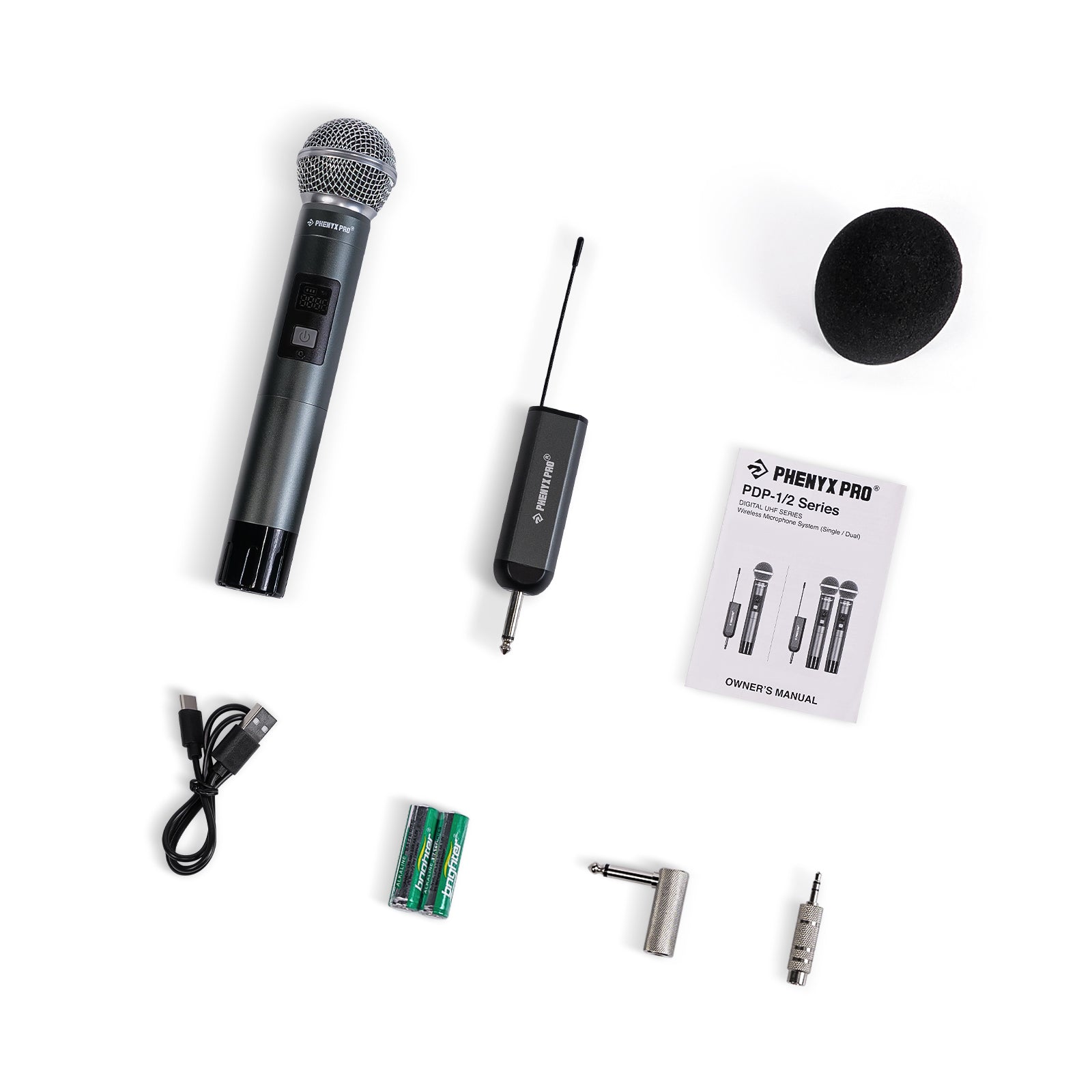 PDP-1-1H - Black - Single Digital Wireless Microphone System - Flat Lay View of Complete Set - Phenyx Pro	