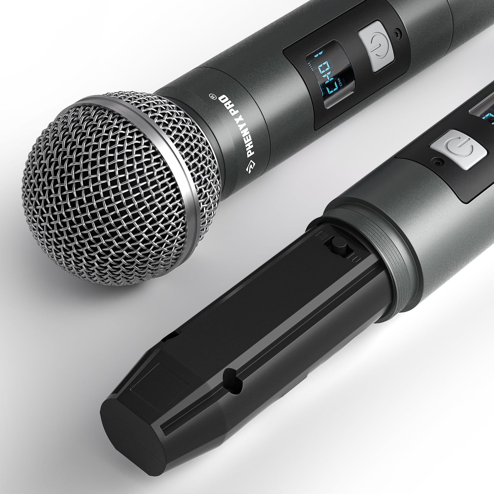 PDP-2-1H1B - Black - Digital Portable Wireless Handheld Microphone - Front & Rear Side View - Phenyx Pro
