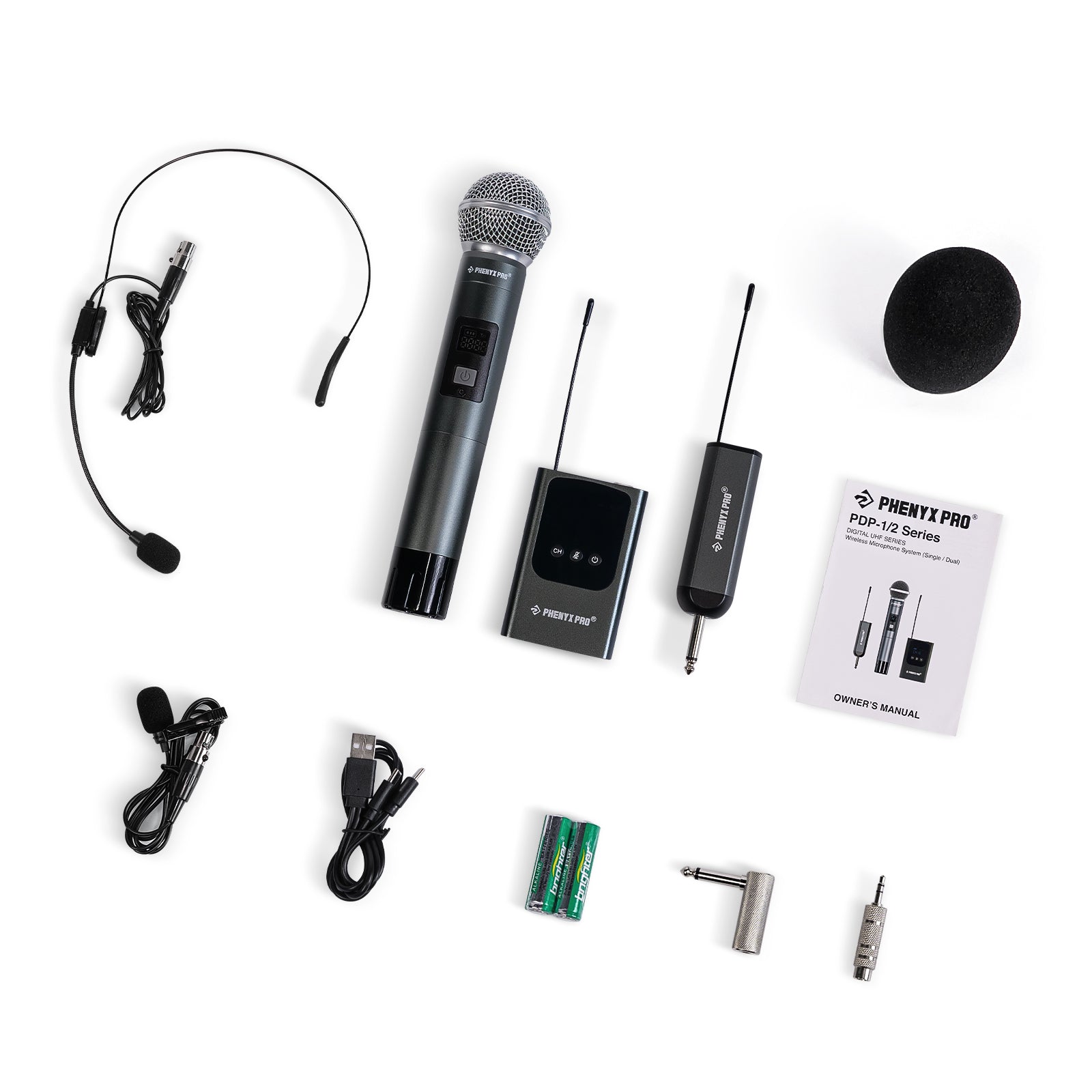 PDP-2-1H1B - Black - Dual Digital Portable Wireless Microphone System - Flat Lay View of Complete Set - Phenyx Pro