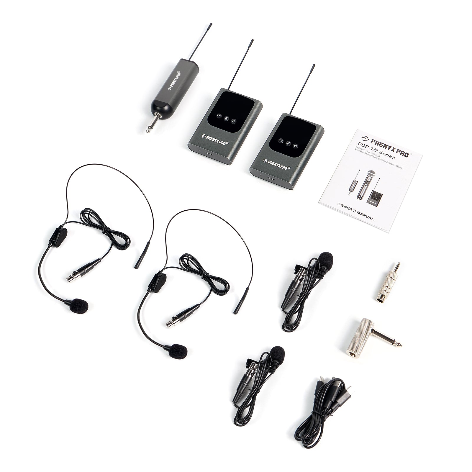 PDP-2-2B - Black - Dual Digital Portable Wireless Microphone System - Flat Lay View of Complete Set - Phenyx Pro 