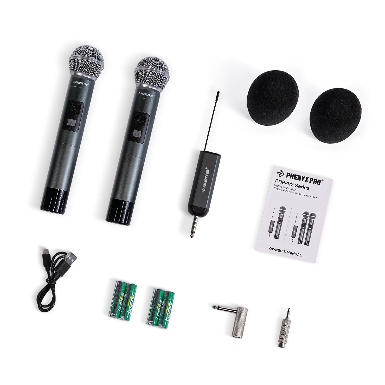 PDP-2-2H - Black - Dual Digital Portable Wireless Microphone System - Flat Lay View of Complete Set - Phenyx Pro