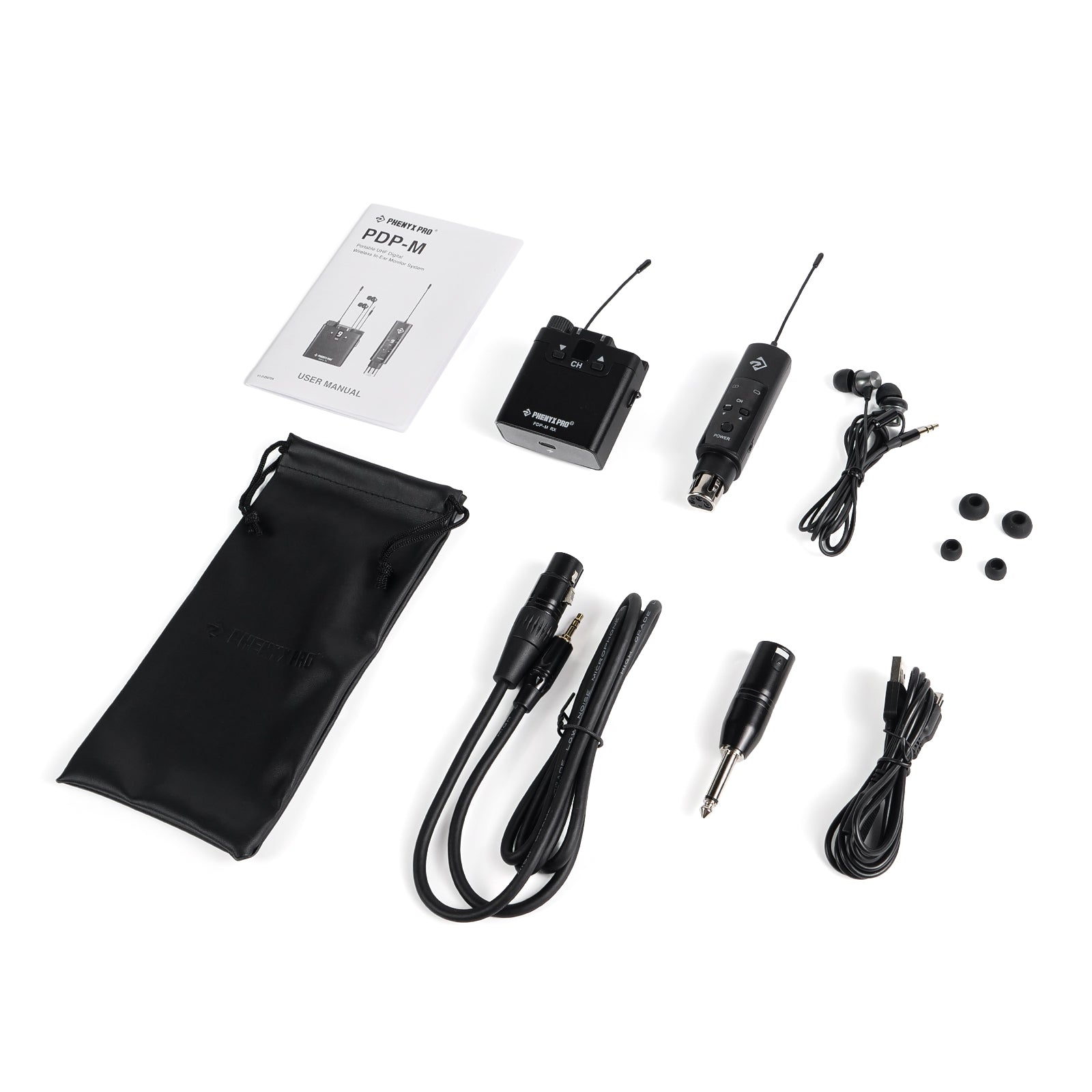PDP-M - Black - Wireless in-Ear Monitor System - Flat Lay View of Complete Set - Phenyx Pro 