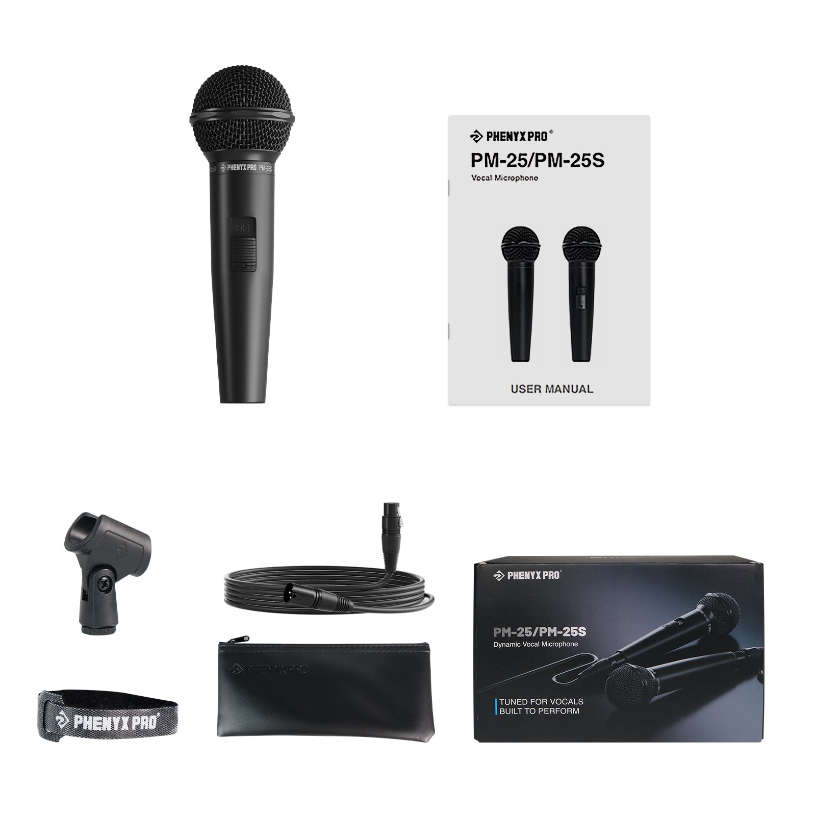 PM-25S - Black - Wired Dynamic Vocal Microphone - Flat Lay View of Complete Set - Phenyx Pro 