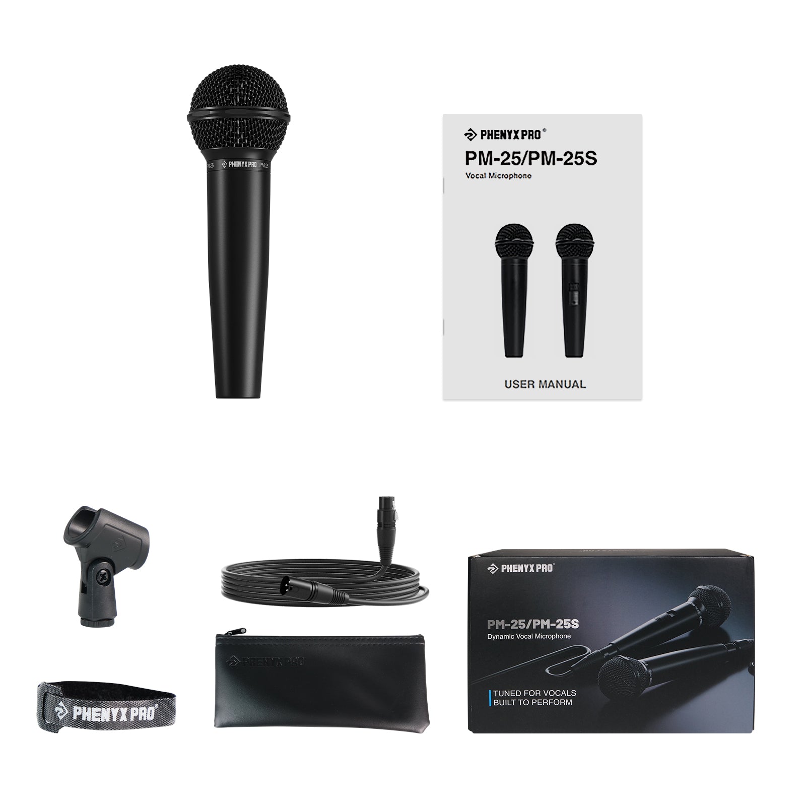 PM-25 - Black - Wired Dynamic Vocal Microphone - Flat Lay View of Complete Set - Phenyx Pro 