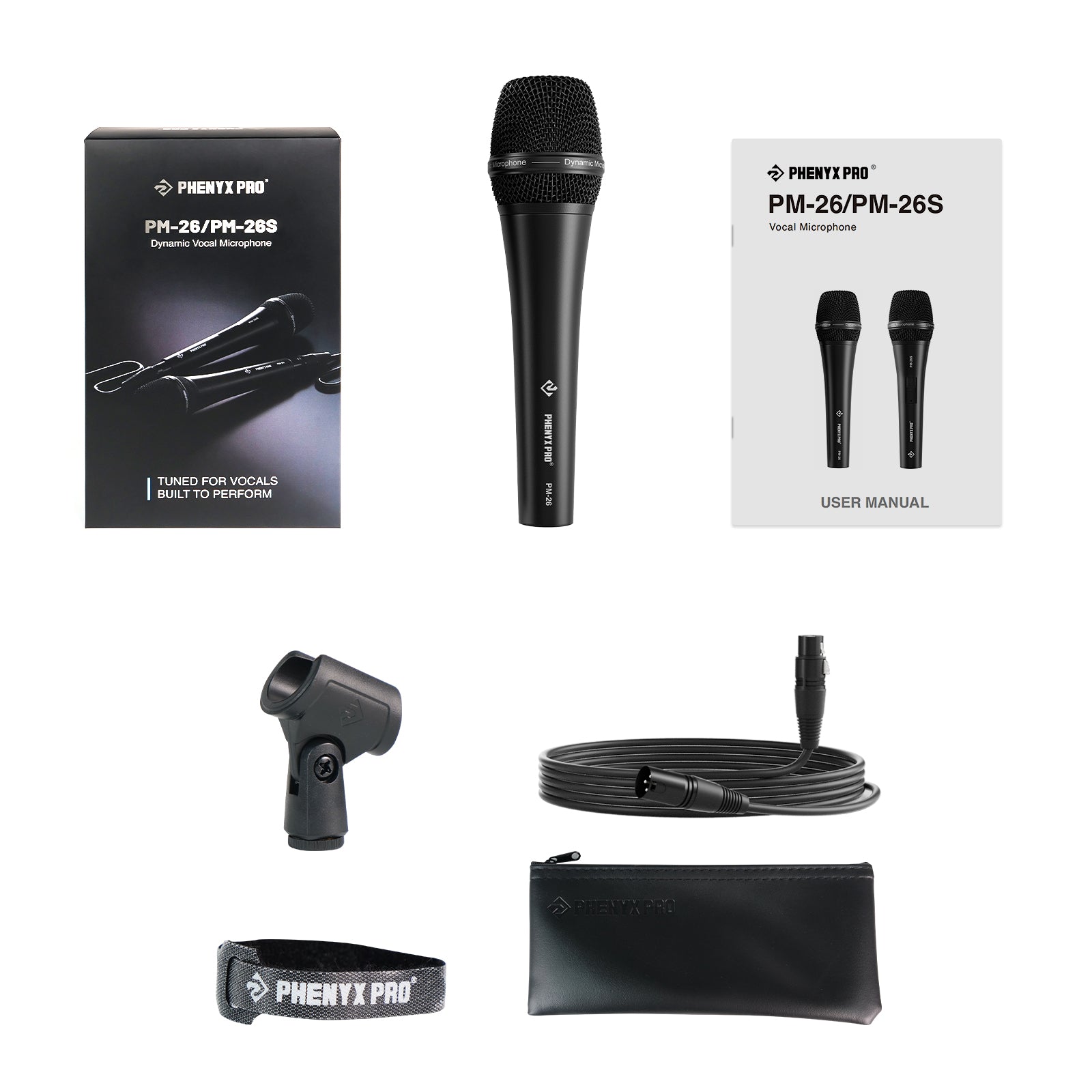 PM-26 - Black - Wired Dynamic Vocal Microphone - Flat Lay View of Complete Set - Phenyx Pro 