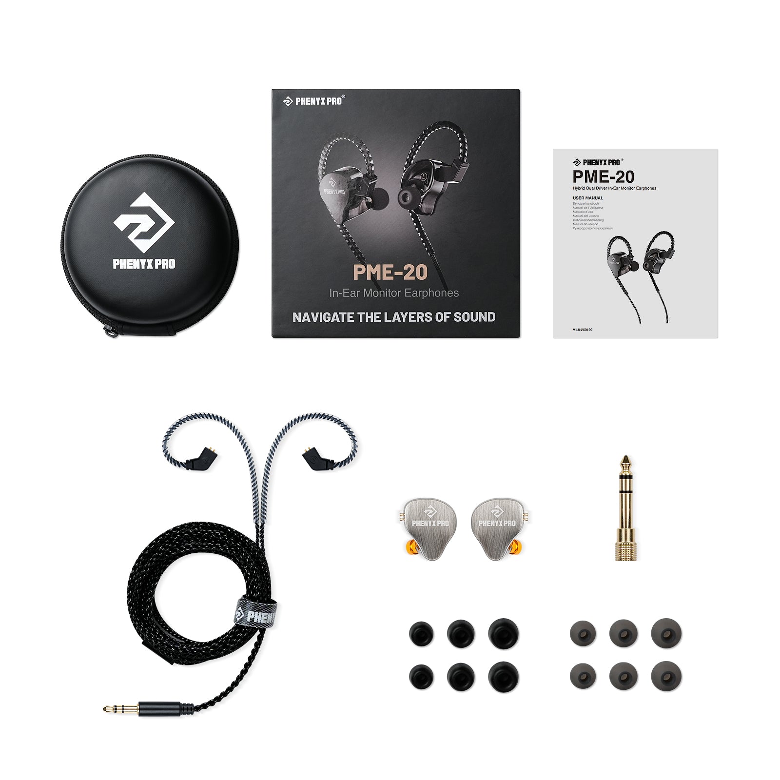 PME-20 - Black - In-Ear Monitor Earphones -Flat Lay View of Complete Set - Phenyx Pro 