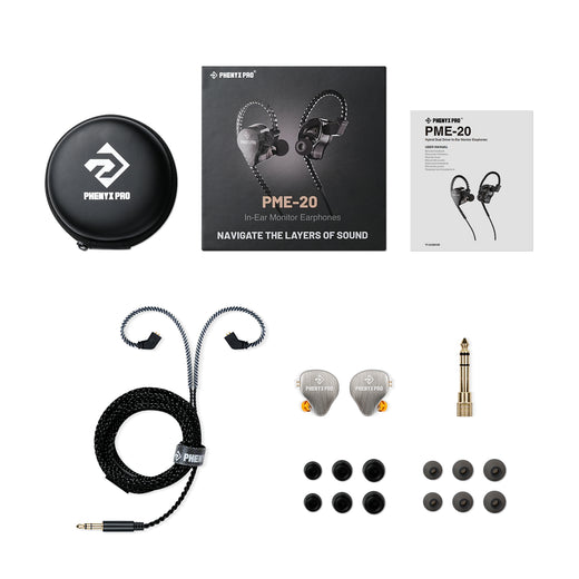 PME-20 - Black - In-Ear Monitor Earphones -Flat Lay View of Complete Set - Phenyx Pro 