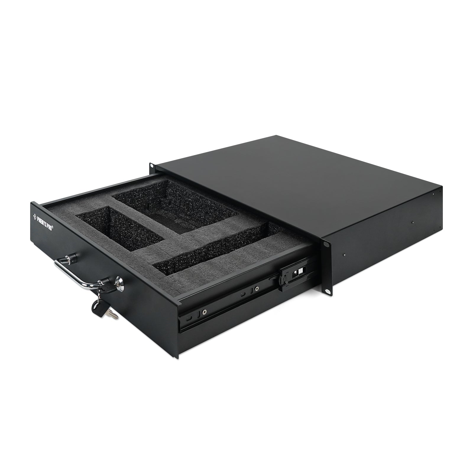 PRDWR-2U - Black - 2U Metal Locking Rack Drawer w/ Pre-cut Foam - Front - Phenyx Pro