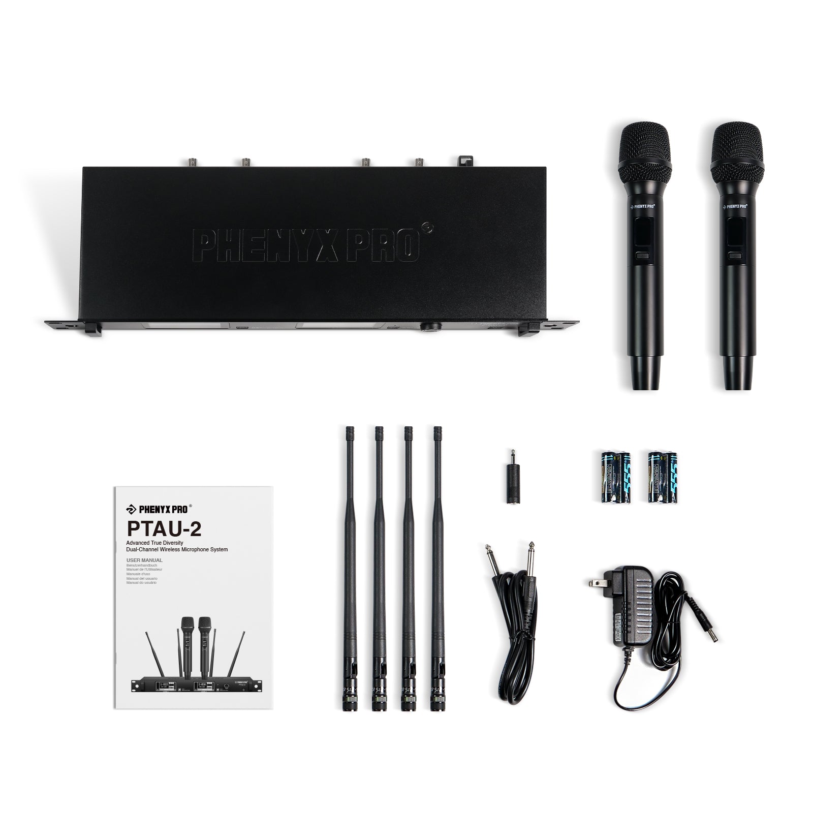 PTAU-2 - Black - Professional Dual-Channel Wireless Microphone System - Flat Lay View of Complete Set - Phenyx Pro