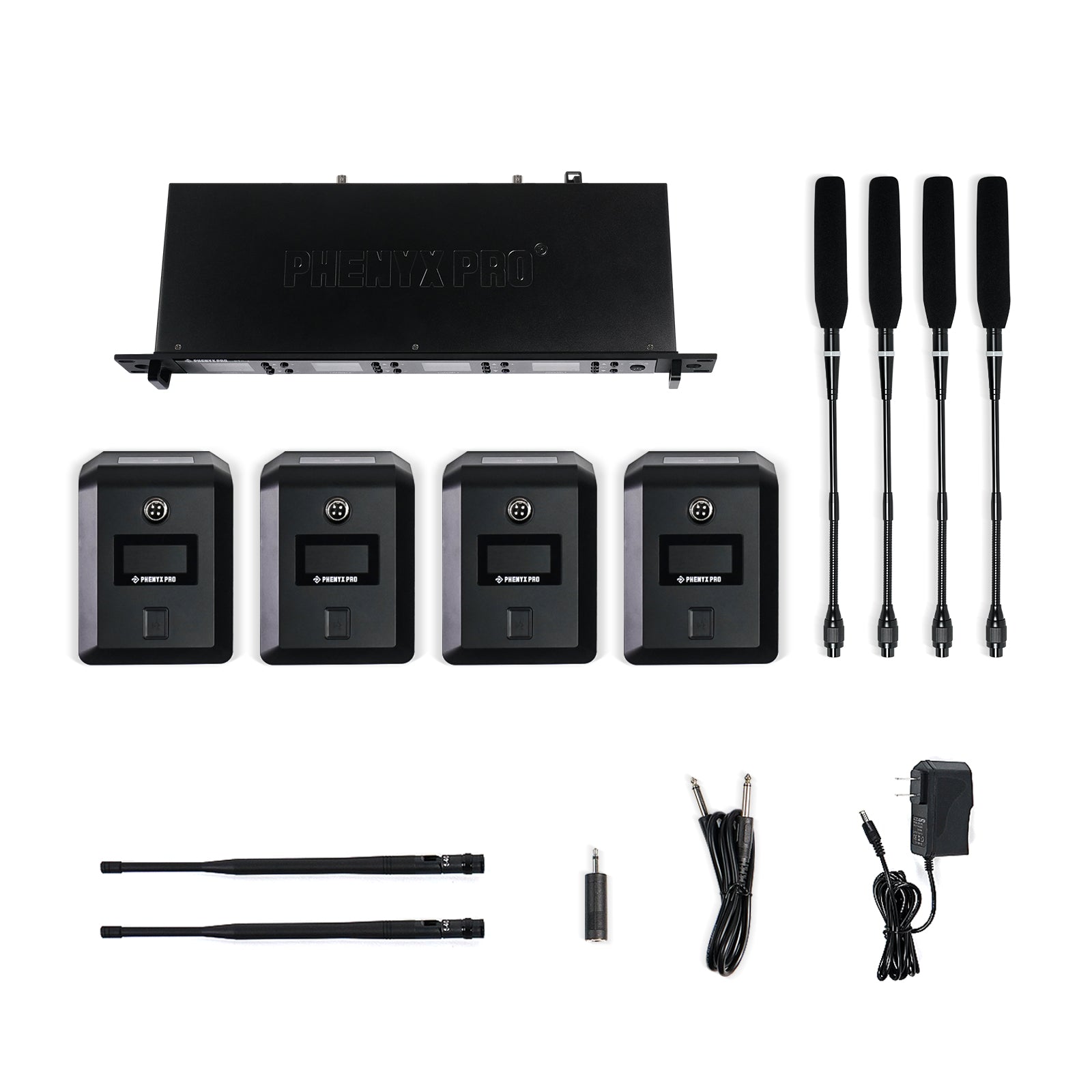 PTC-4 - Black - Quad Channel Wireless Conference Microphone System - Flat Lay View of Complete Set - Phenyx Pro 