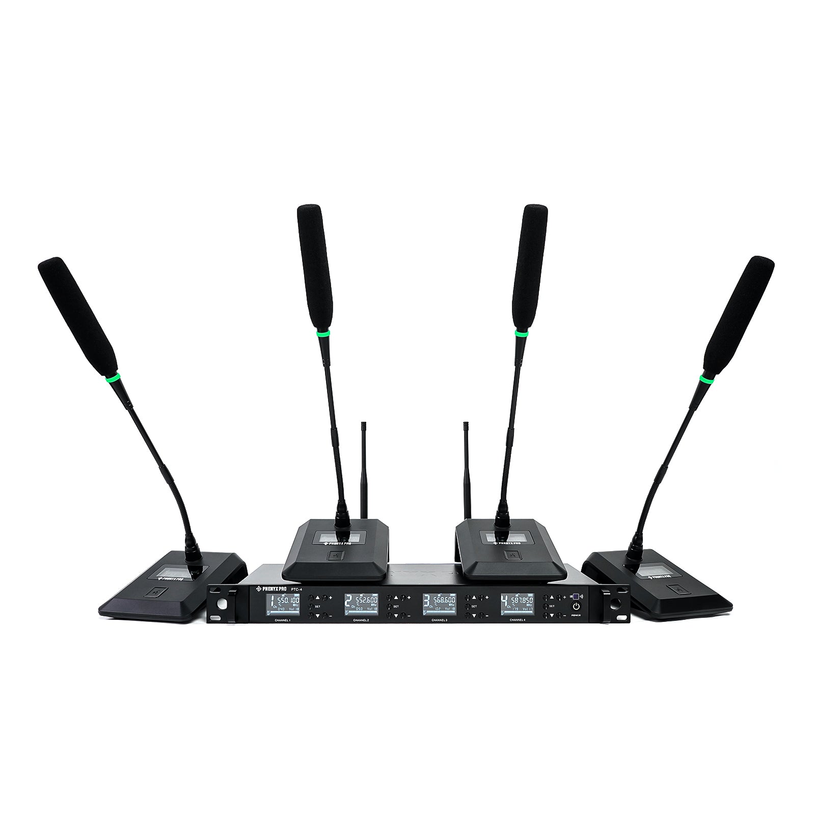 PTC-4 - Black - Quad Channel Wireless Conference Microphone System w/ 4 Gooseneck Mics - Front - Phenyx Pro 