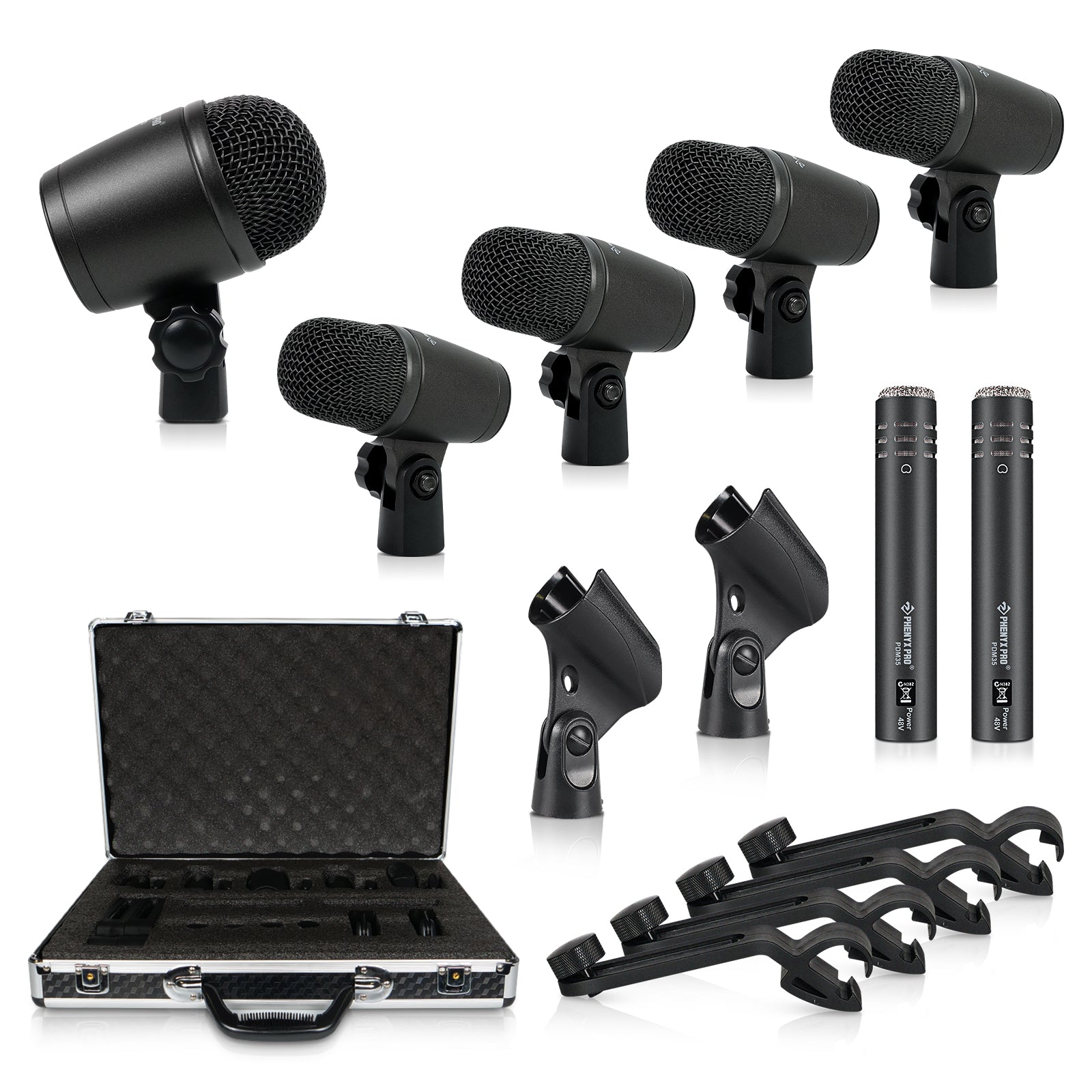 PTD-10 - Black - Full Metal Wired Dynamic Drum Mic Set - Flat Lay View of Complete Set - Phenyx Pro