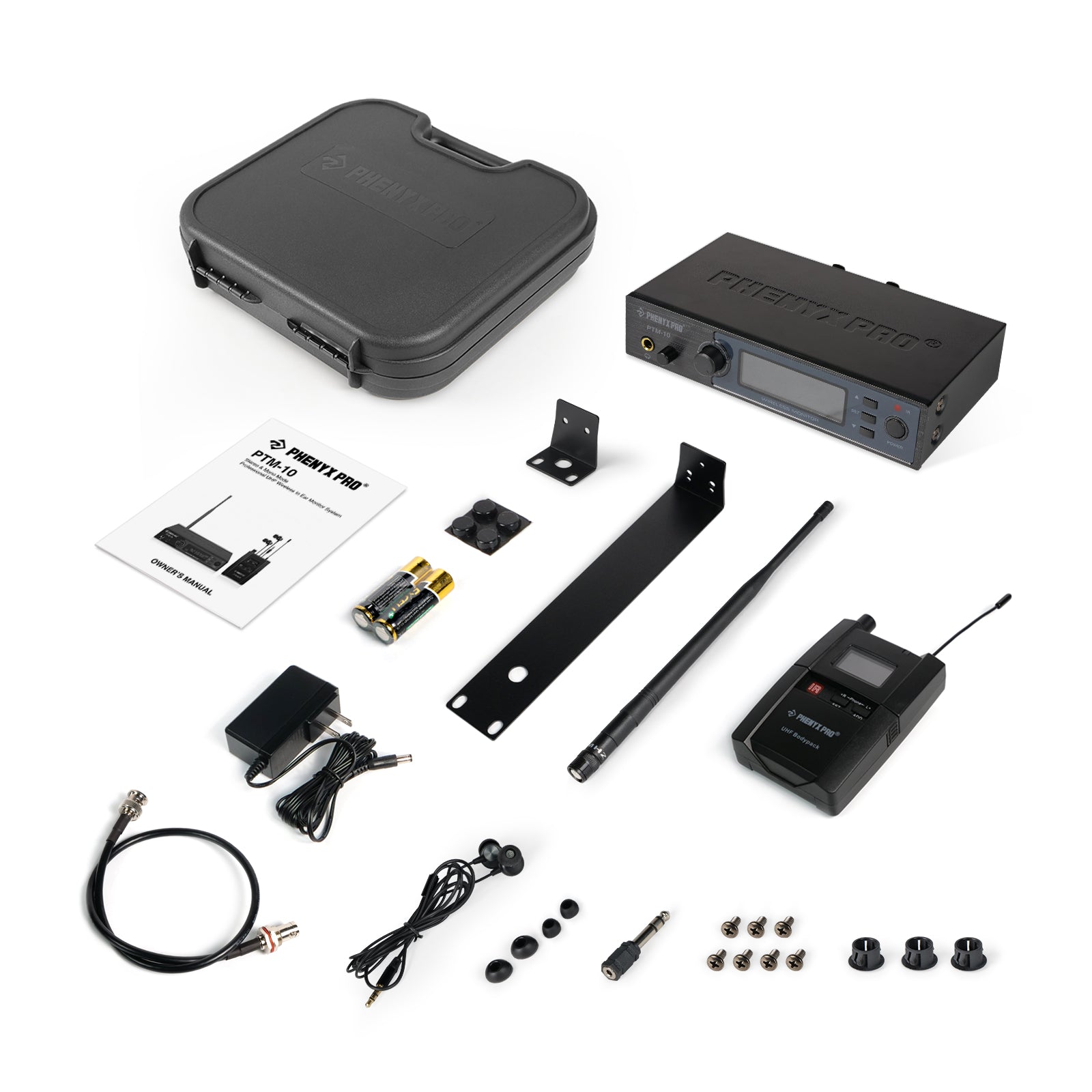 PTM-10-1B - Black - UHF Stereo Wireless In-Ear Monitor System - Flat Lay View of Complete Set - Phenyx Pro