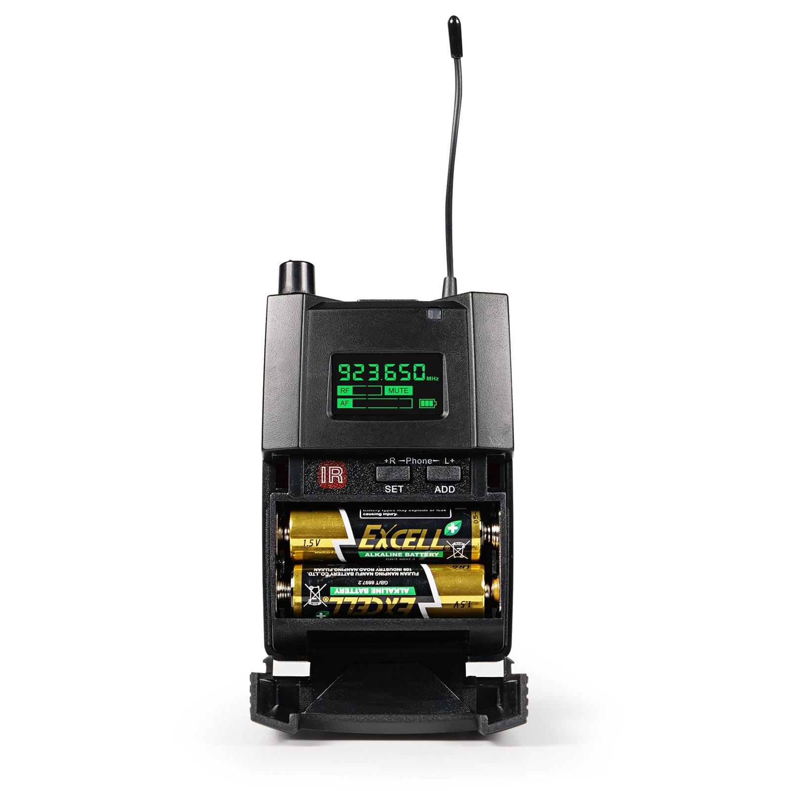 PTM-10-2B - Black - Stereo Wireless IEM Bodypack Reciever - Battery Compartment View - Phenyx Pro