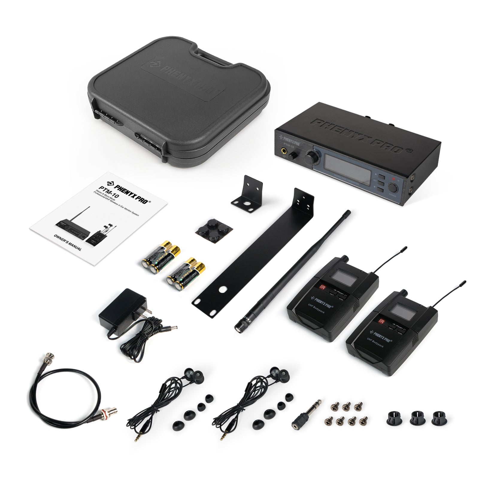 PTM-10-2B - Black - UHF Stereo Wireless In-Ear Monitor System - Flat Lay View of Complete Set - Phenyx Pro