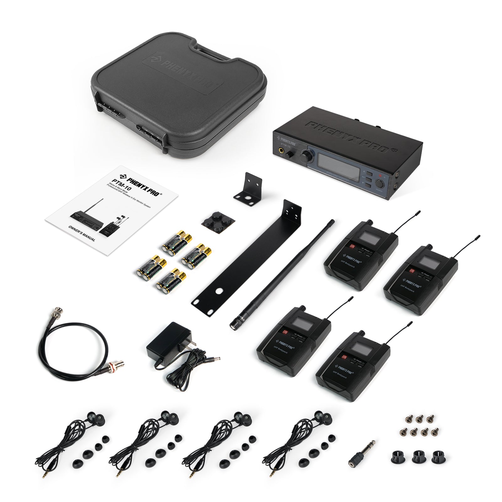 PTM-10-4B - Black - UHF Stereo Wireless In-Ear Monitor System - Flat Lay View of Complete Set - Phenyx Pro