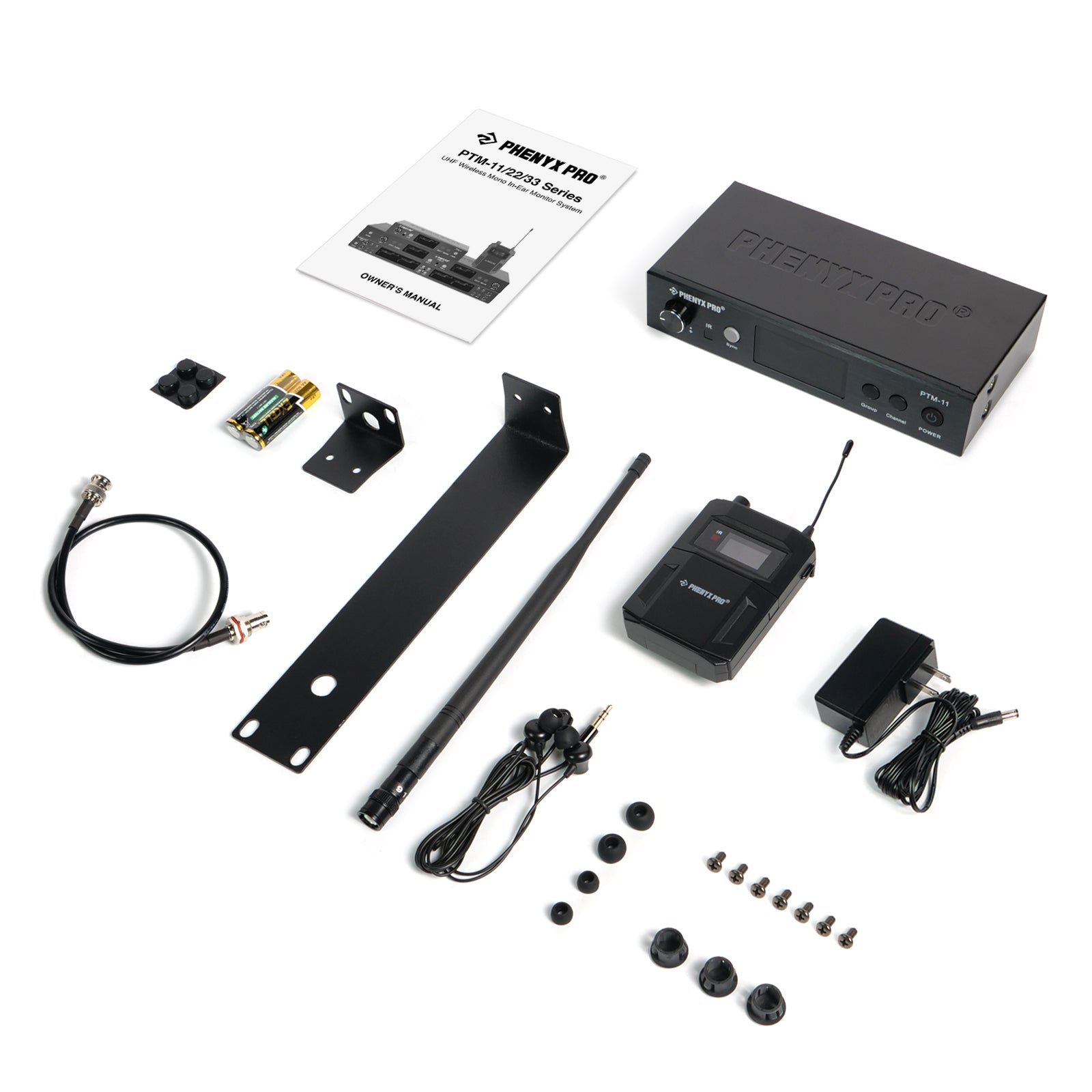 PTM-11-1B - Black - UHF Mono Wireless In-Ear Monitor System - Flat Lay View of Complete Set - Phenyx Pro