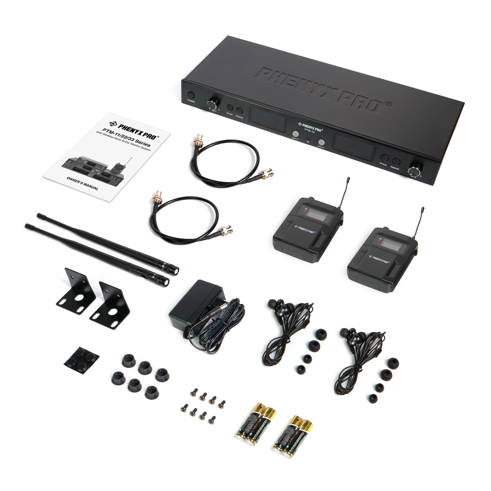 PTM-22-2B - Black - UHF Mono Dual Wireless in-Ear Monitor System - Flat Lay View of Complete Set - Phenyx Pro