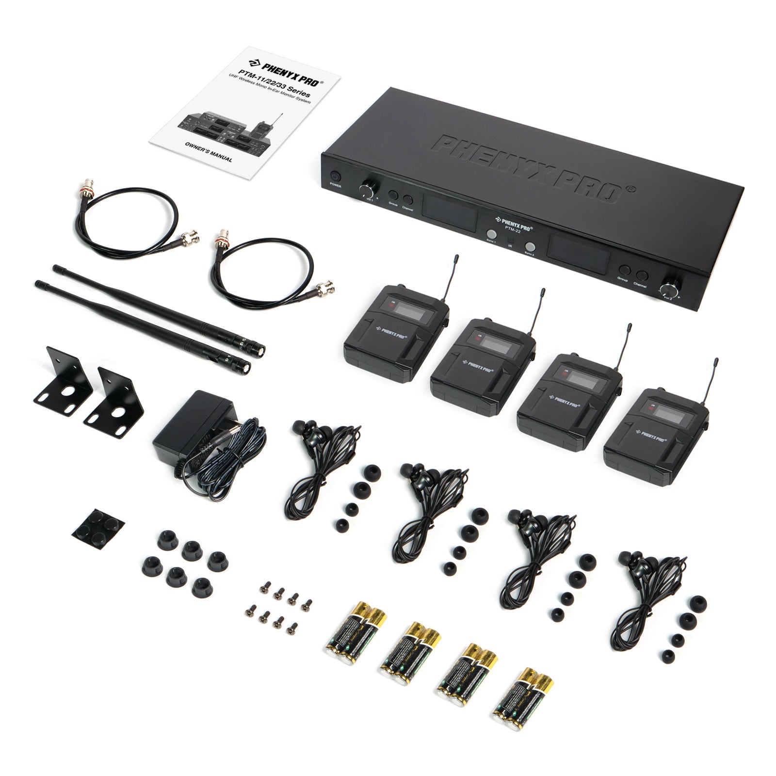 PTM-22-4B - Black - UHF Mono Dual Wireless in-Ear Monitor System - Flat Lay View of Complete Set - Phenyx Pro