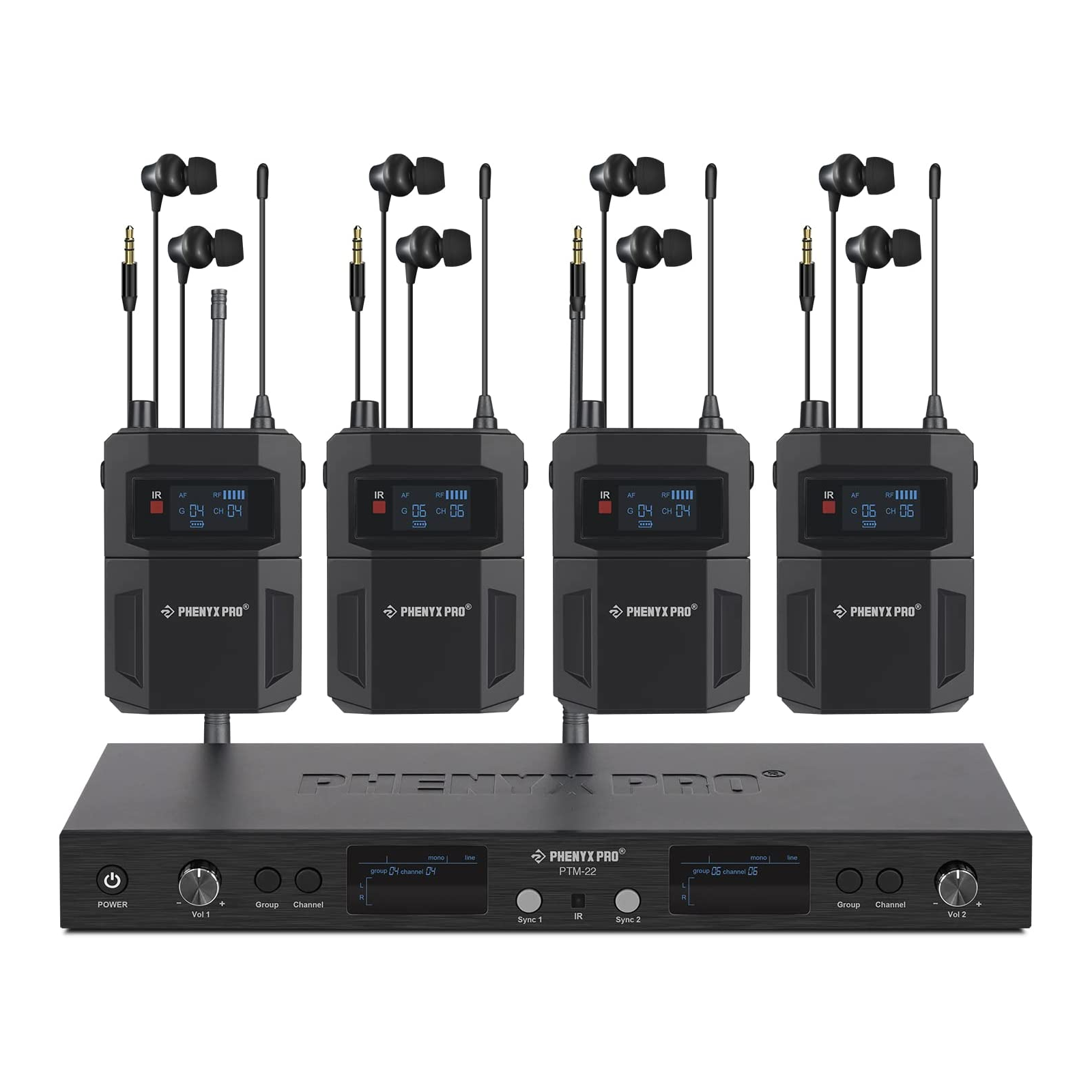 PTM-22-4B - Black - UHF Mono Dual Wireless in-Ear Monitor System - Front - Phenyx Pro