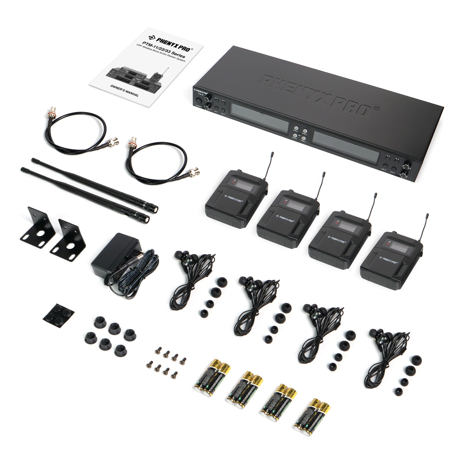 PTM-33-4B - Black - UHF Mono Quad Wireless in-Ear Monitor System - Flat Lay View of Complete Set - Phenyx Pro
