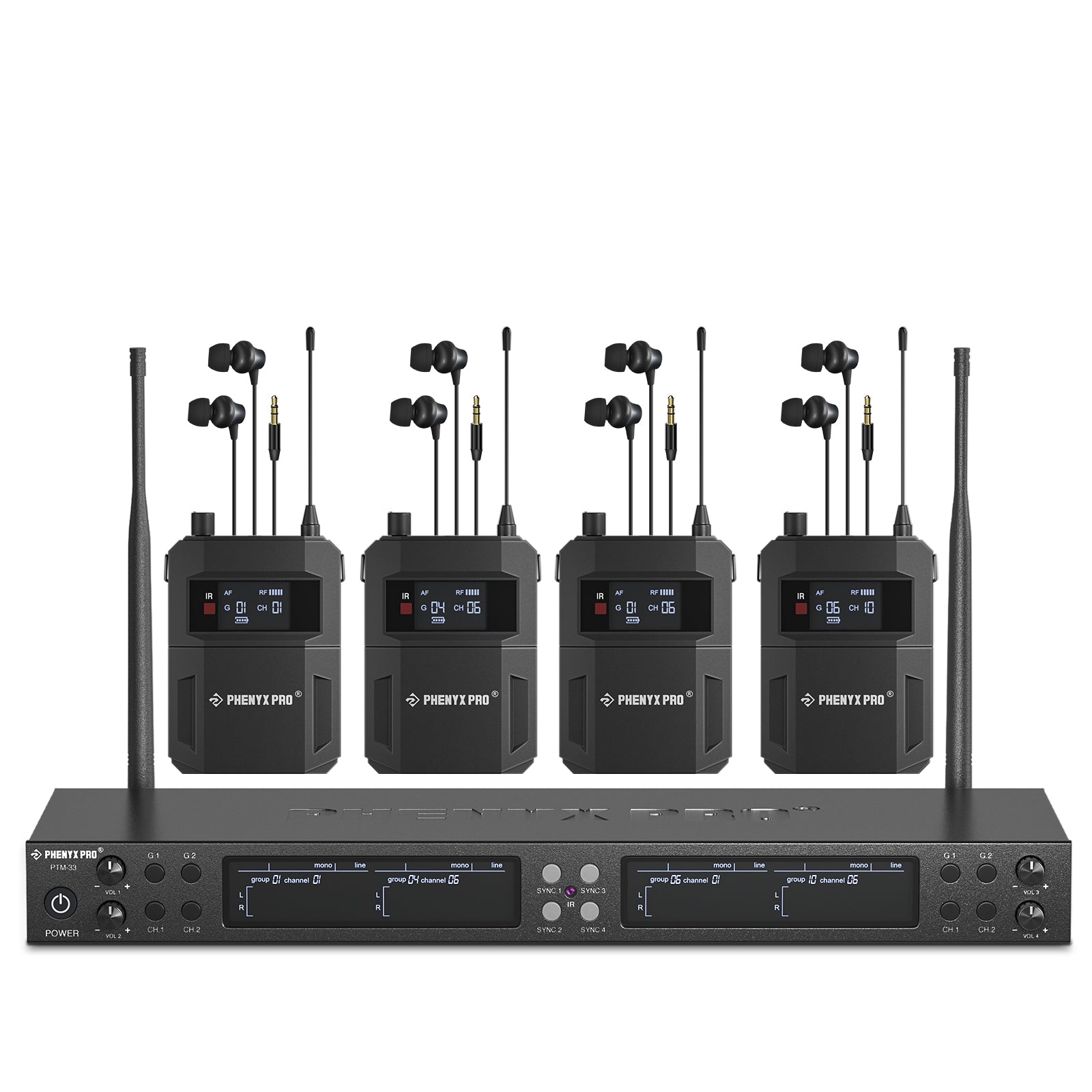PTM-33-4B - Black - UHF Mono Quad Wireless in-Ear Monitor System - Front - Phenyx Pro