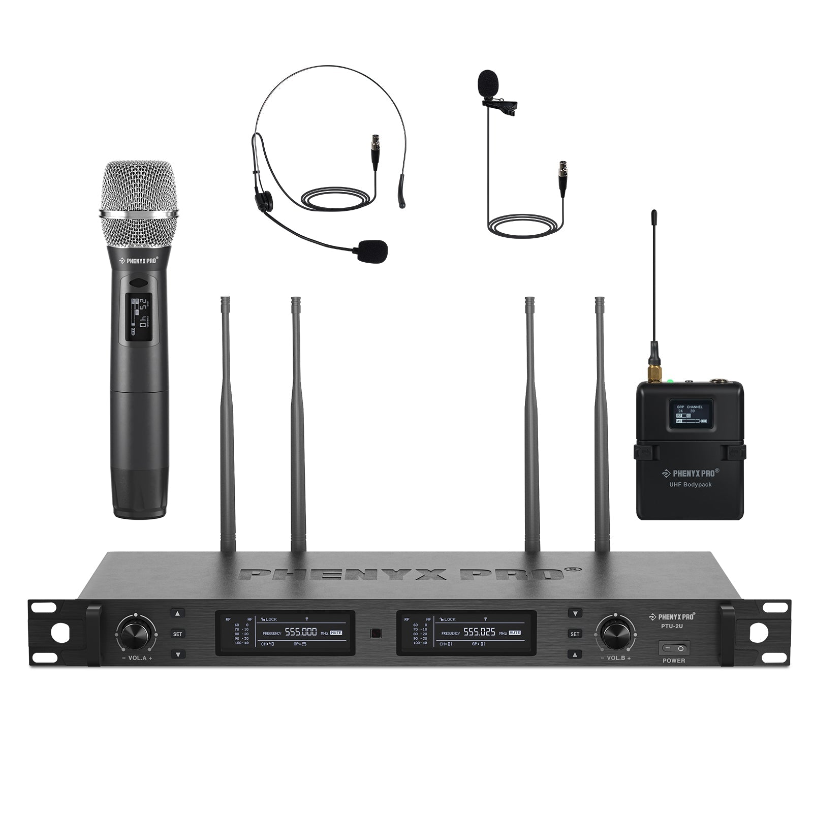 PTU-2U-1H1B - Black - True Diversity Dual Wireless Microphone System - Front - Phenyx Pro
