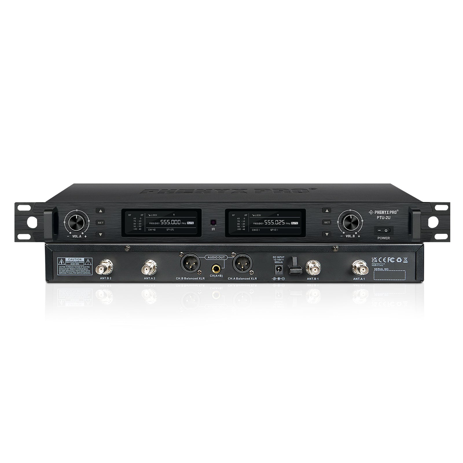 PTU-2U-2H - Black - Professional Wireless Microphone Receiver - Front & Back - Phenyx Pro