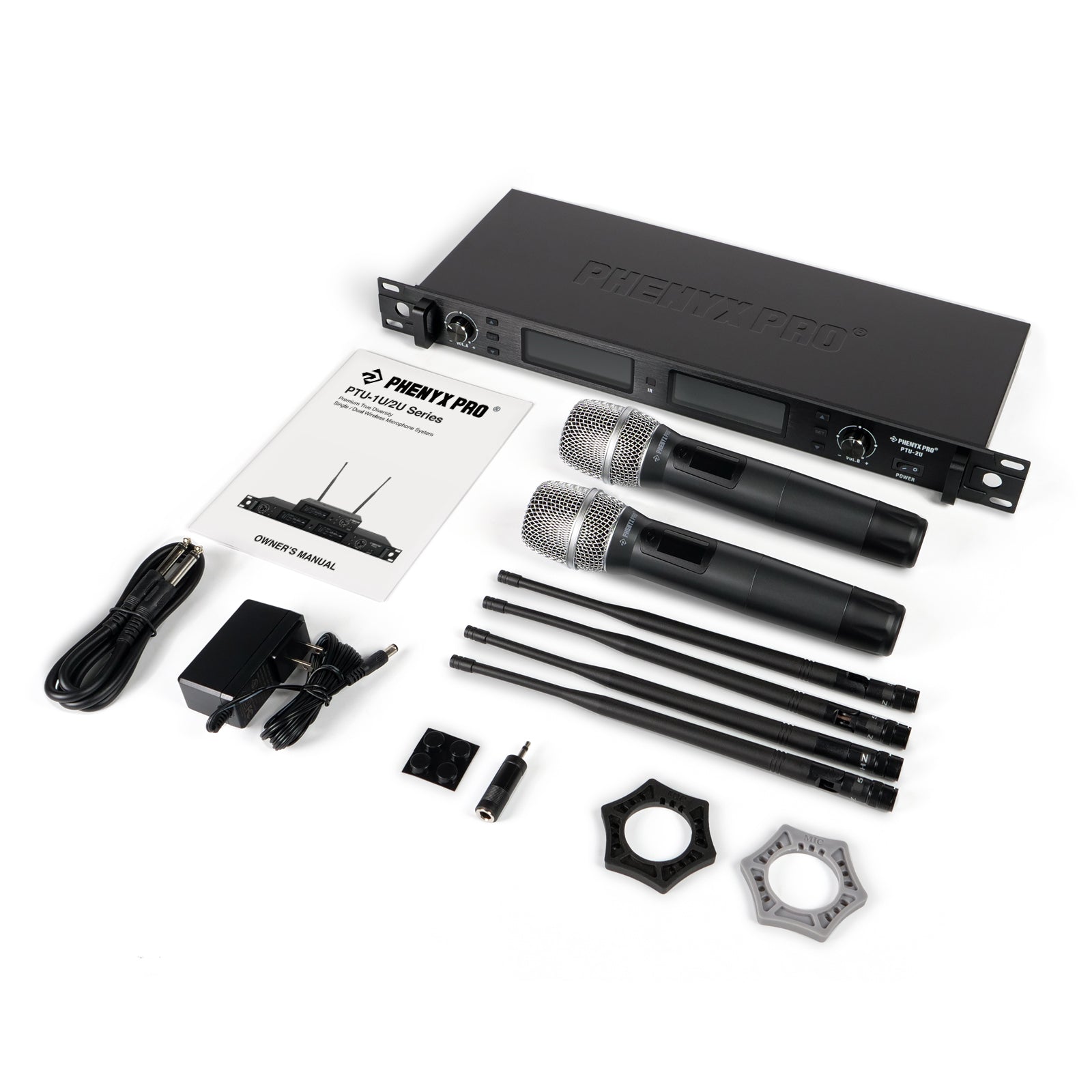 PTU-2U-2H - Black - True Diversity Dual Wireless Microphone System - Flat Lay View of Complete Set - Phenyx Pro