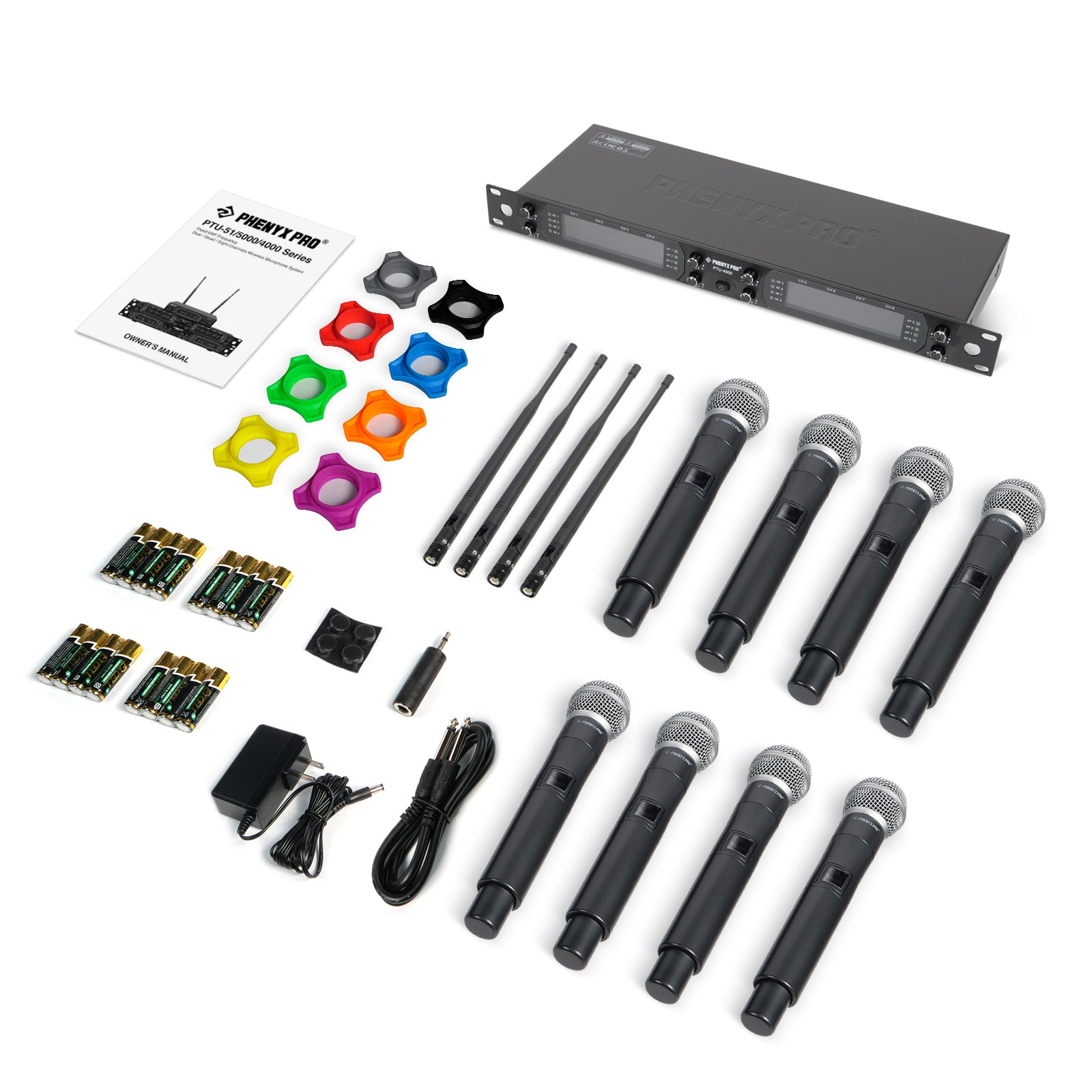 PTU-4000-8H - Black - UHF Fixed Frequency Eight-Channel Wireless Microphone System - Flat Lay View of Complete Set - Phenyx Pro