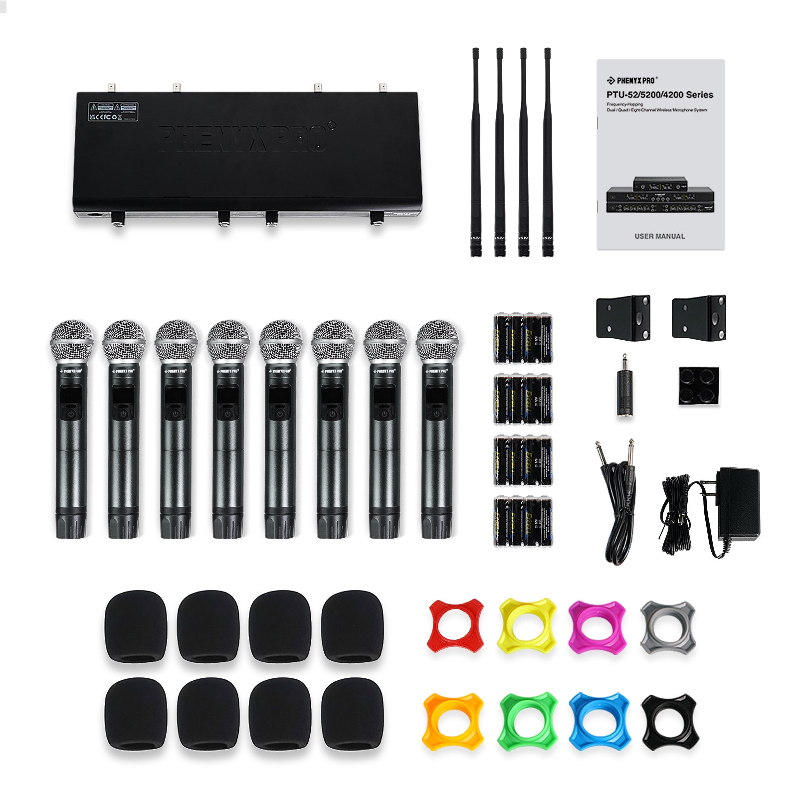 PTU-4200-8H - Black - Frequency Hopping 8-Channel Wireless Microphone System - Flat Lay View of Complete Set - Phenyx Pro 