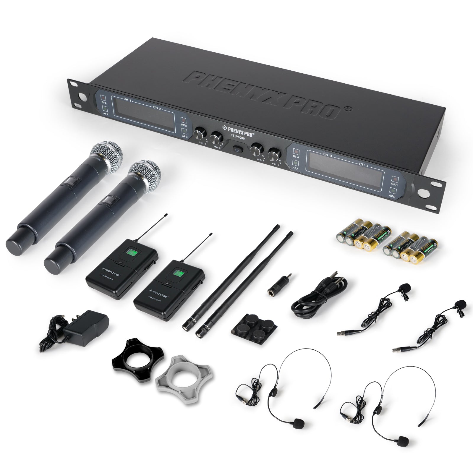 PTU-5000-2H2B - Black - UHF Fixed Frequency Quad Wireless Microphone System - Flat Lay View of Complete Set - Phenyx Pro	