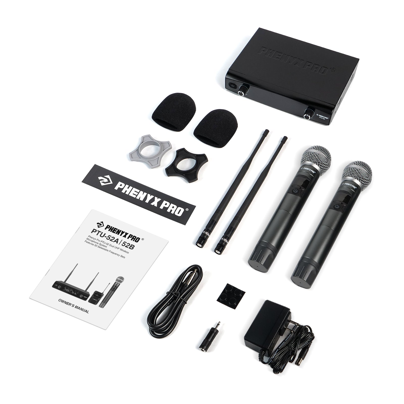 PTU-52-2H - Black - UHF Frequency Hopping Dual Wireless Microphone System - Flat Lay View of Complete Set - Phenyx Pro