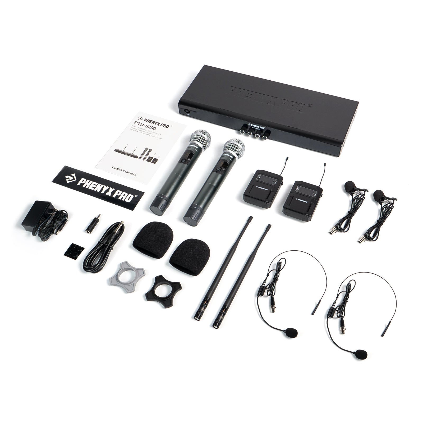 PTU-5200-2H2B - Black - UHF Frequency Hopping Quad Wireless Microphone System - Flat Lay View of Complete Set - Phenyx Pro