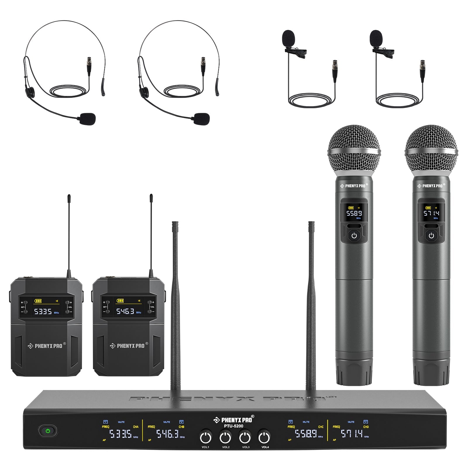 PTU-5200-2H2B - Black - UHF Frequency Hopping Quad Wireless Microphone System - Front - Phenyx Pr